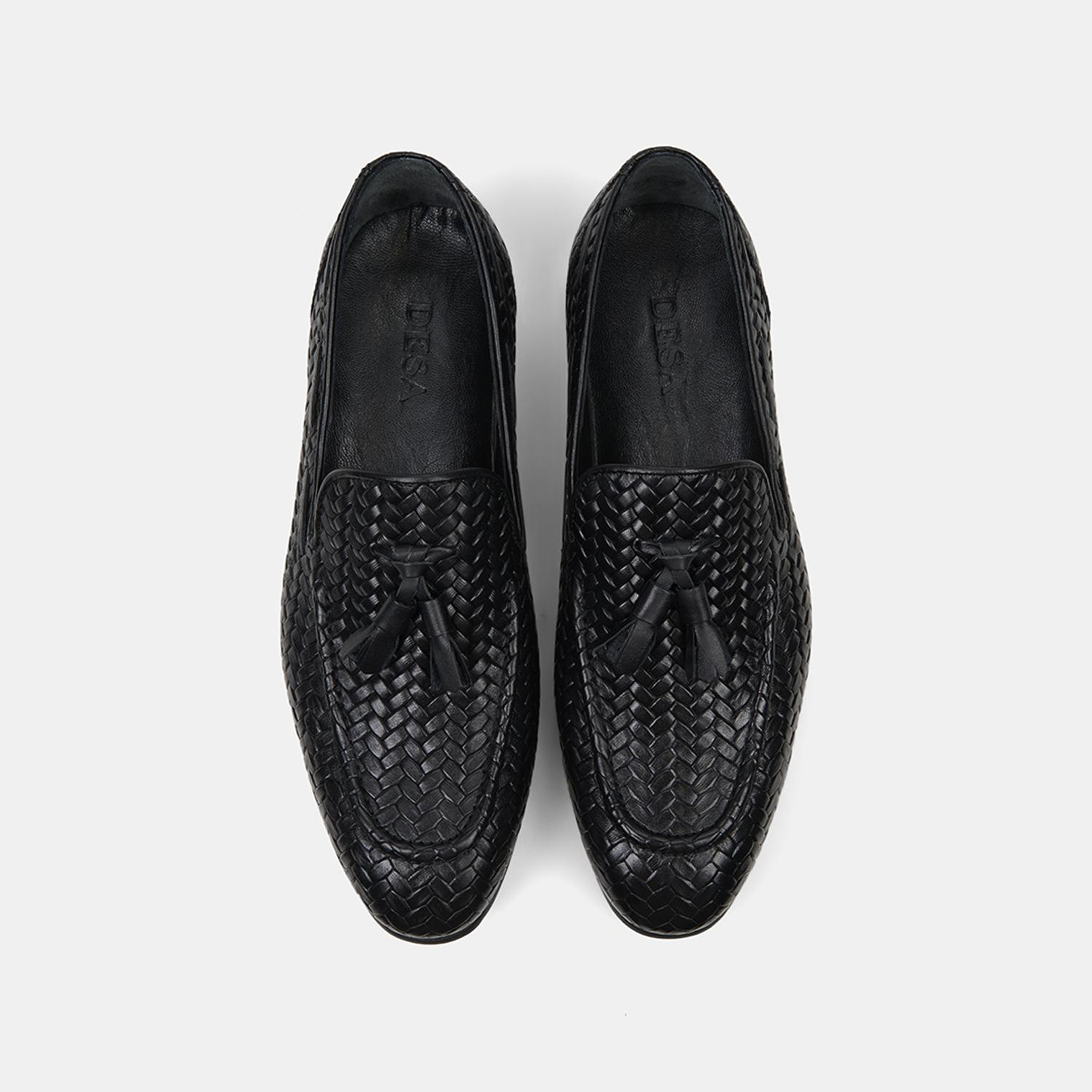 Erkek Siyah Örgü Desenli Püsküllü Deri Loafer