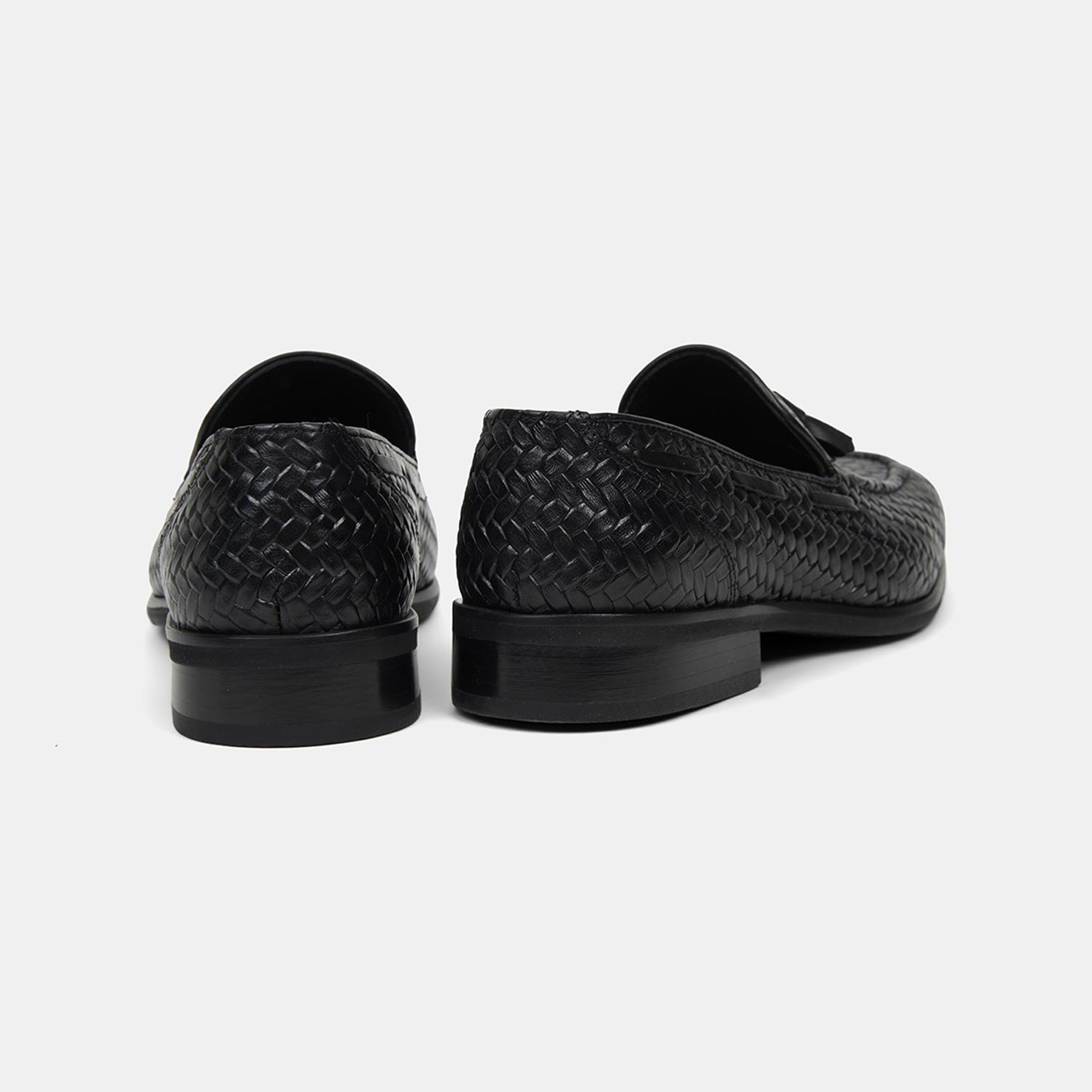 Erkek Siyah Örgü Desenli Püsküllü Deri Loafer