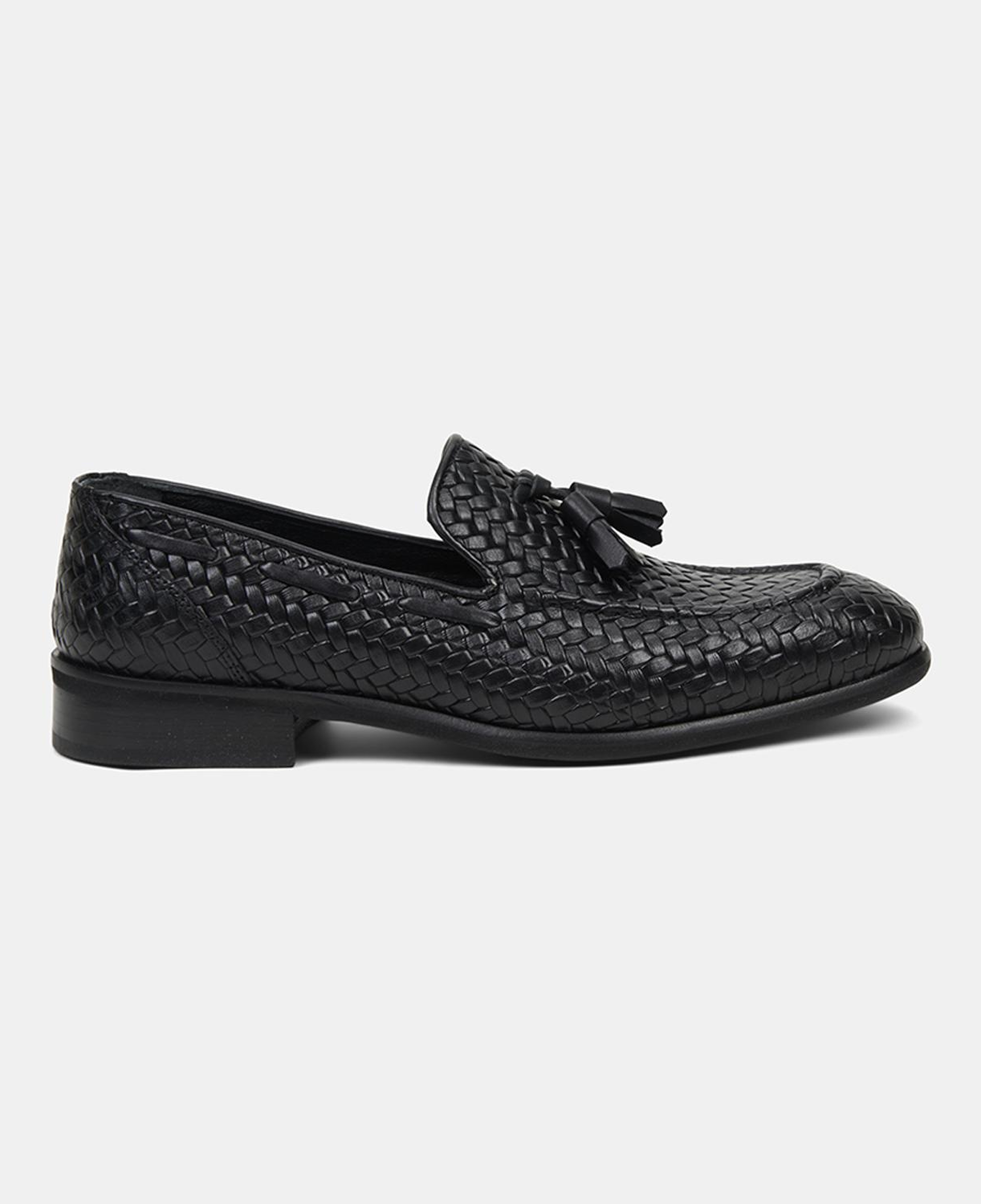 Erkek Siyah Örgü Desenli Püsküllü Deri Loafer