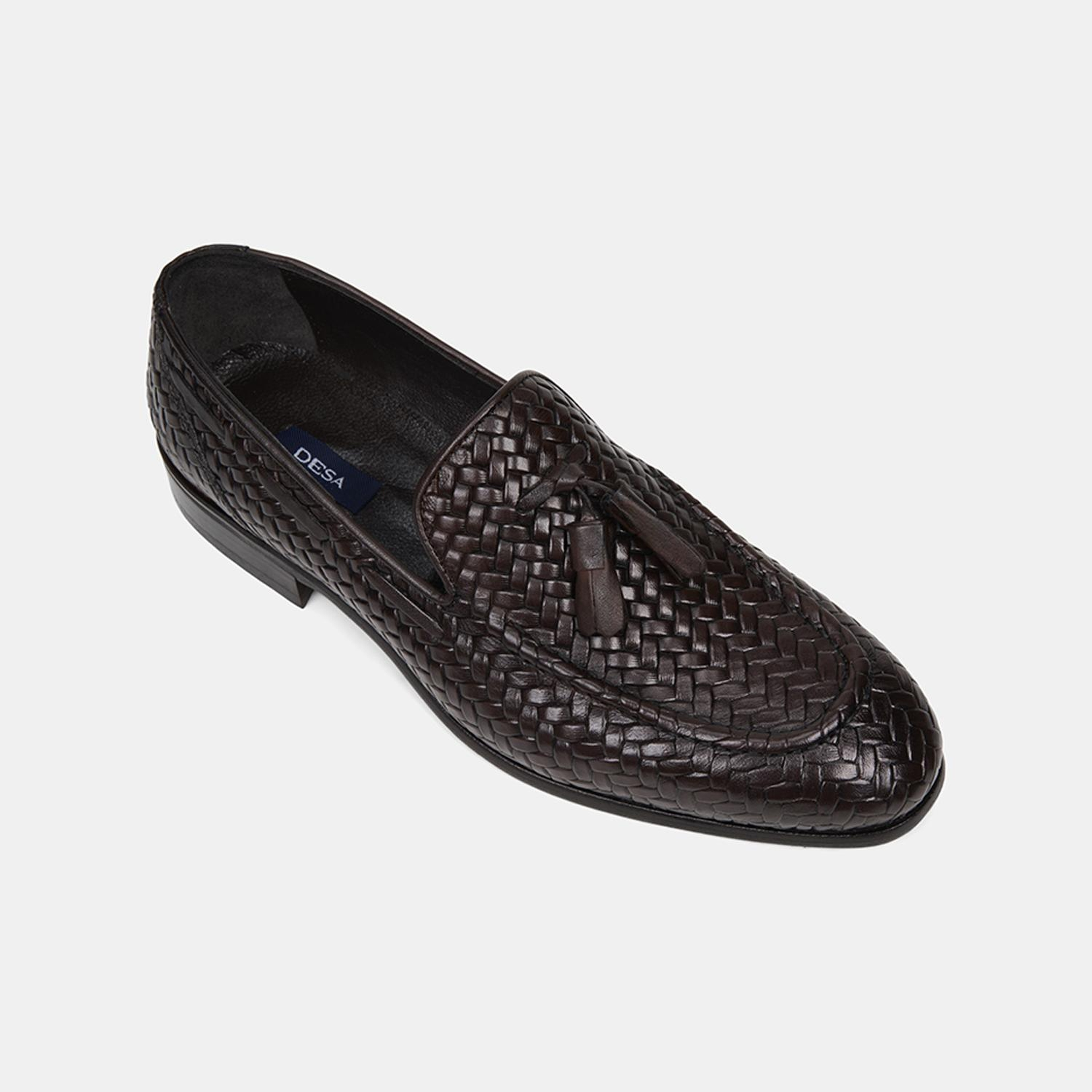 Erkek Kahve Örgü Desenli Püsküllü Deri Loafer