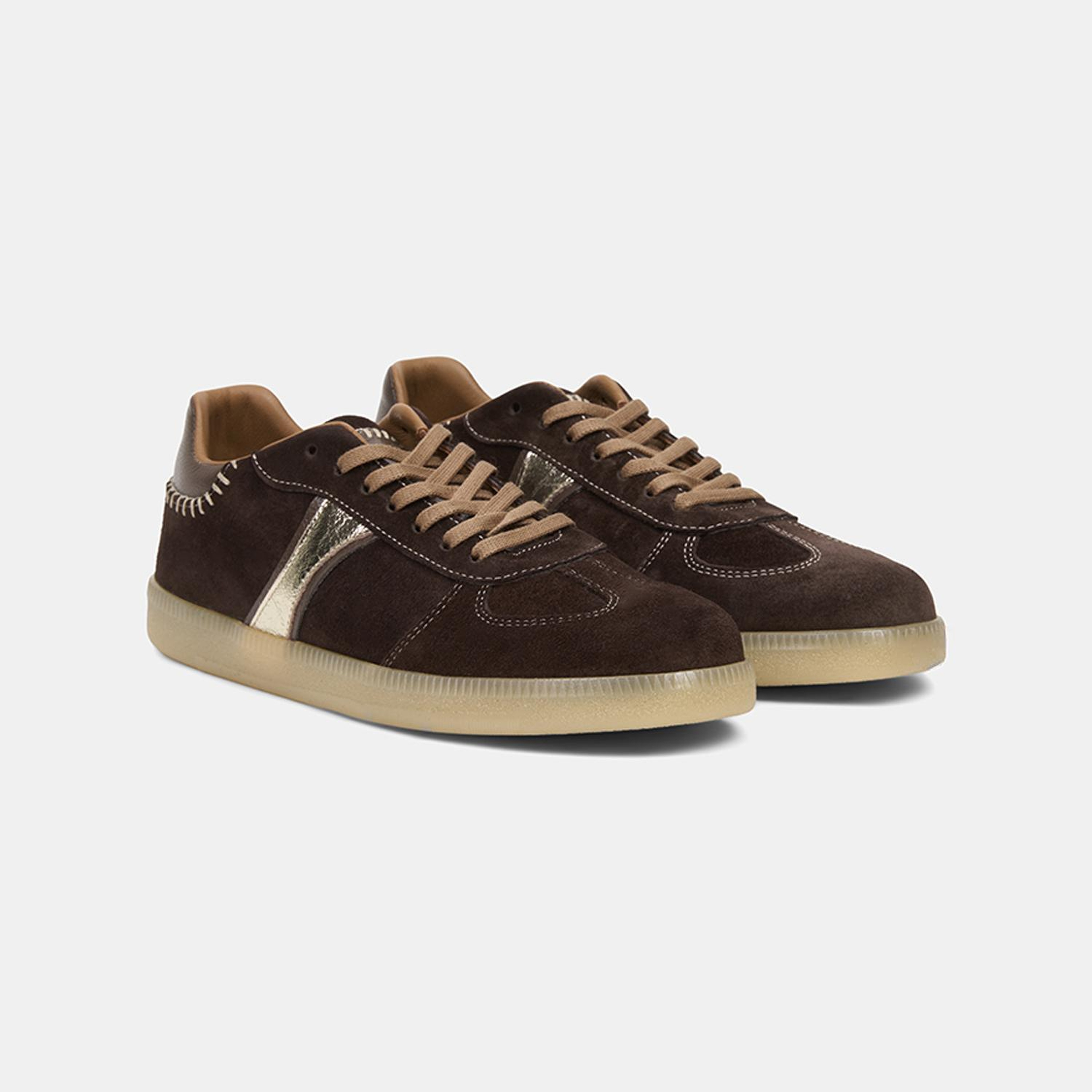 Kadın Kahve Bağcıklı Metalik Şerit Detaylı Süet Sneaker