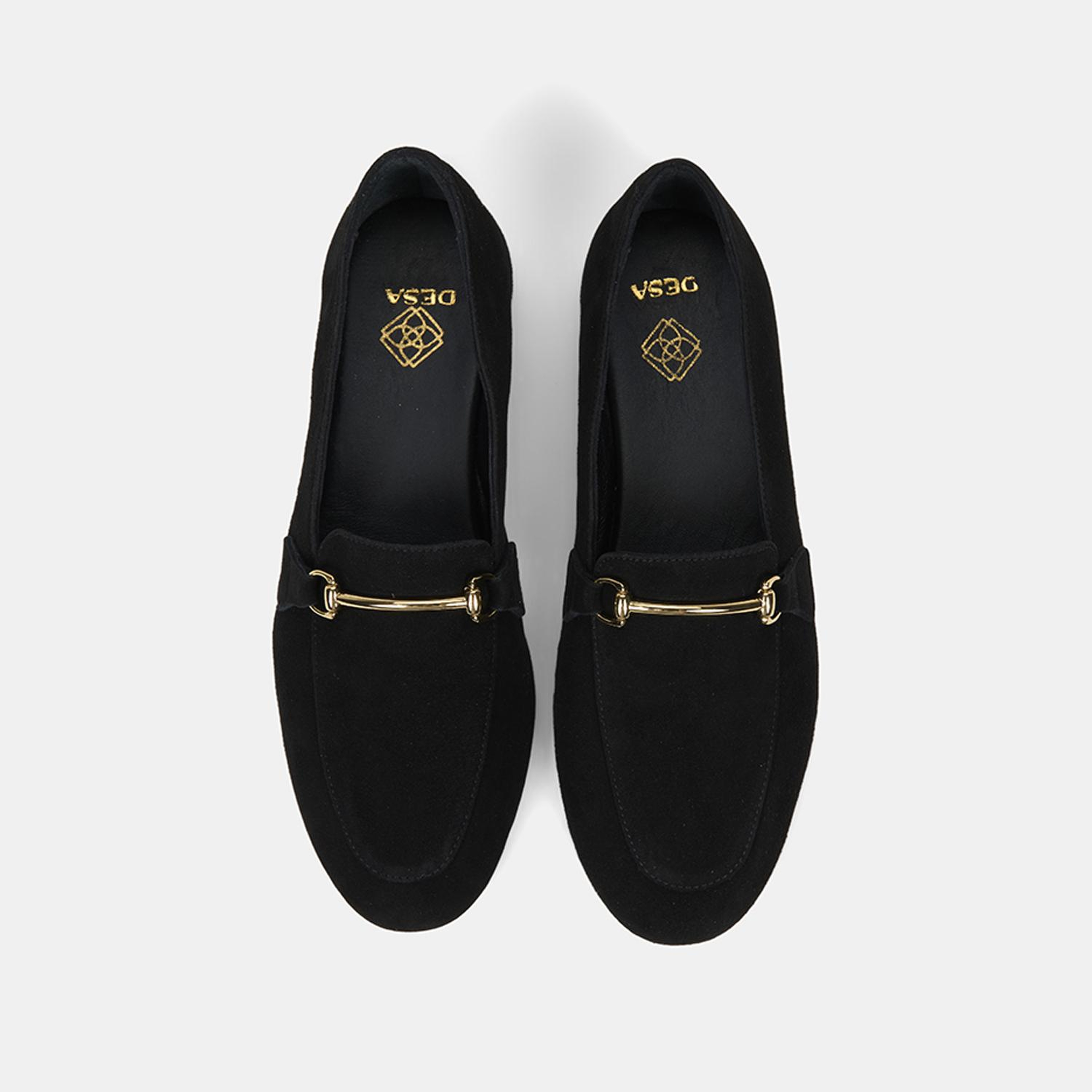 Kadın Siyah Metal Gold Tokalı Süet Deri Loafer