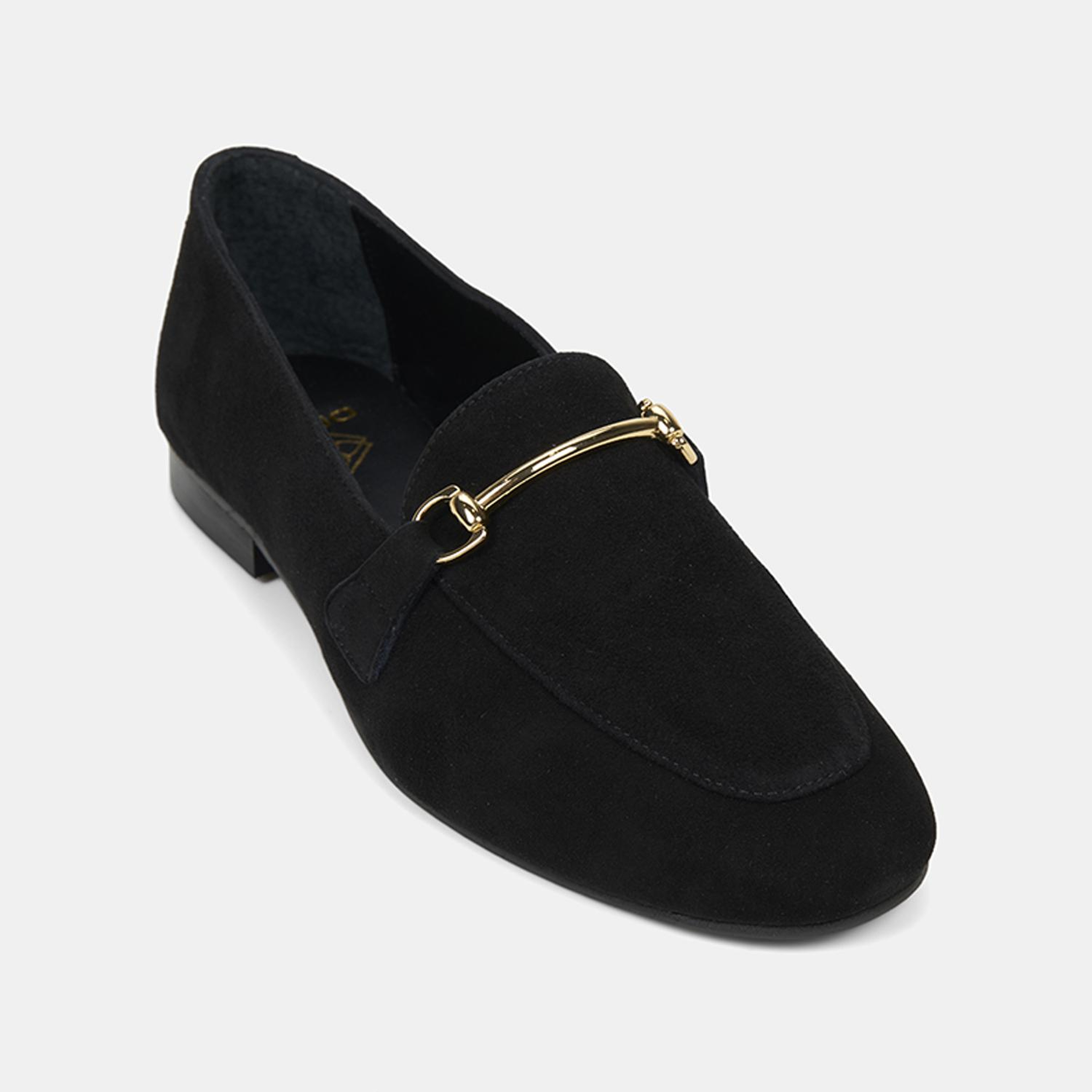 Kadın Siyah Metal Gold Tokalı Süet Deri Loafer