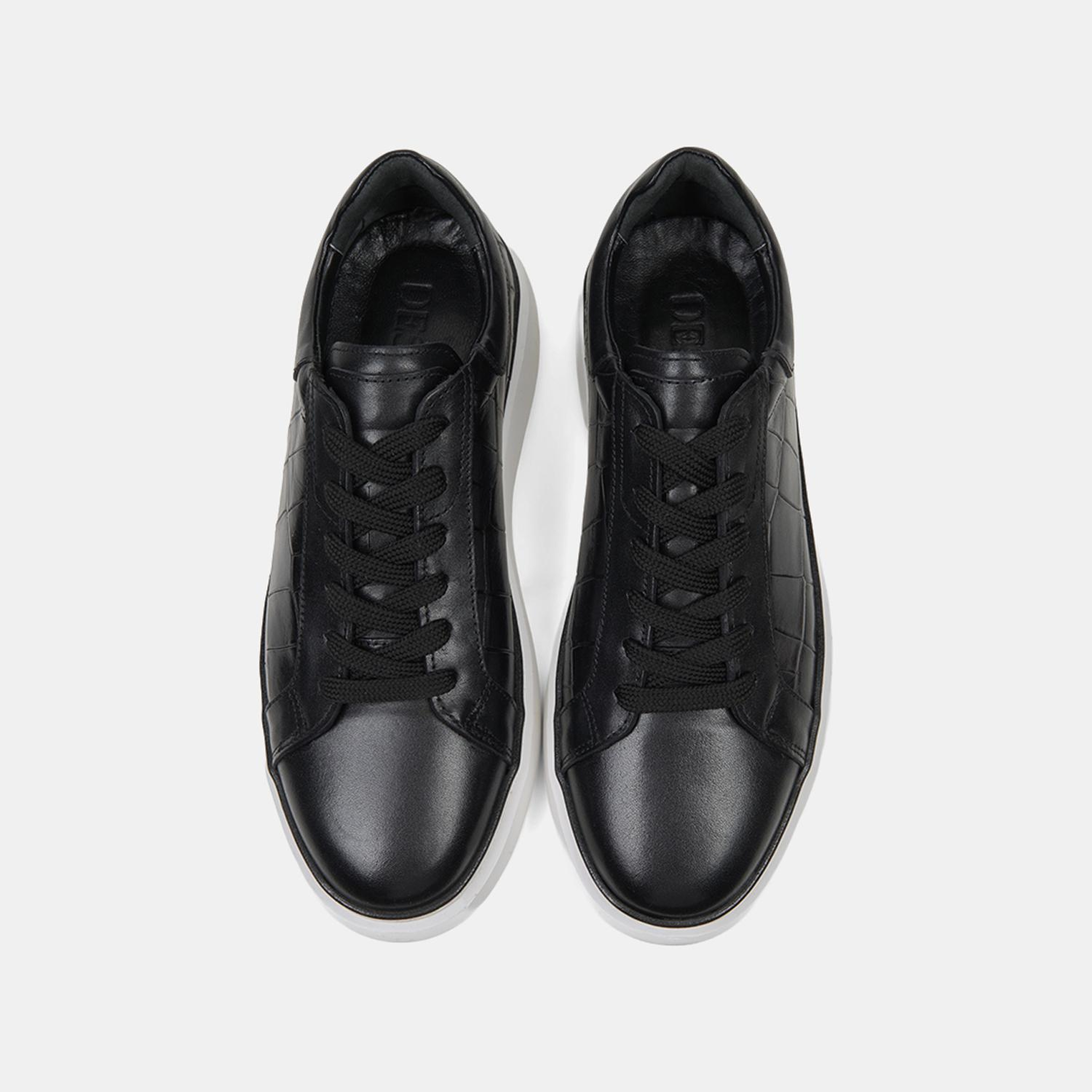 Erkek Siyah Bağcıklı Kroko Baskılı Deri Sneaker
