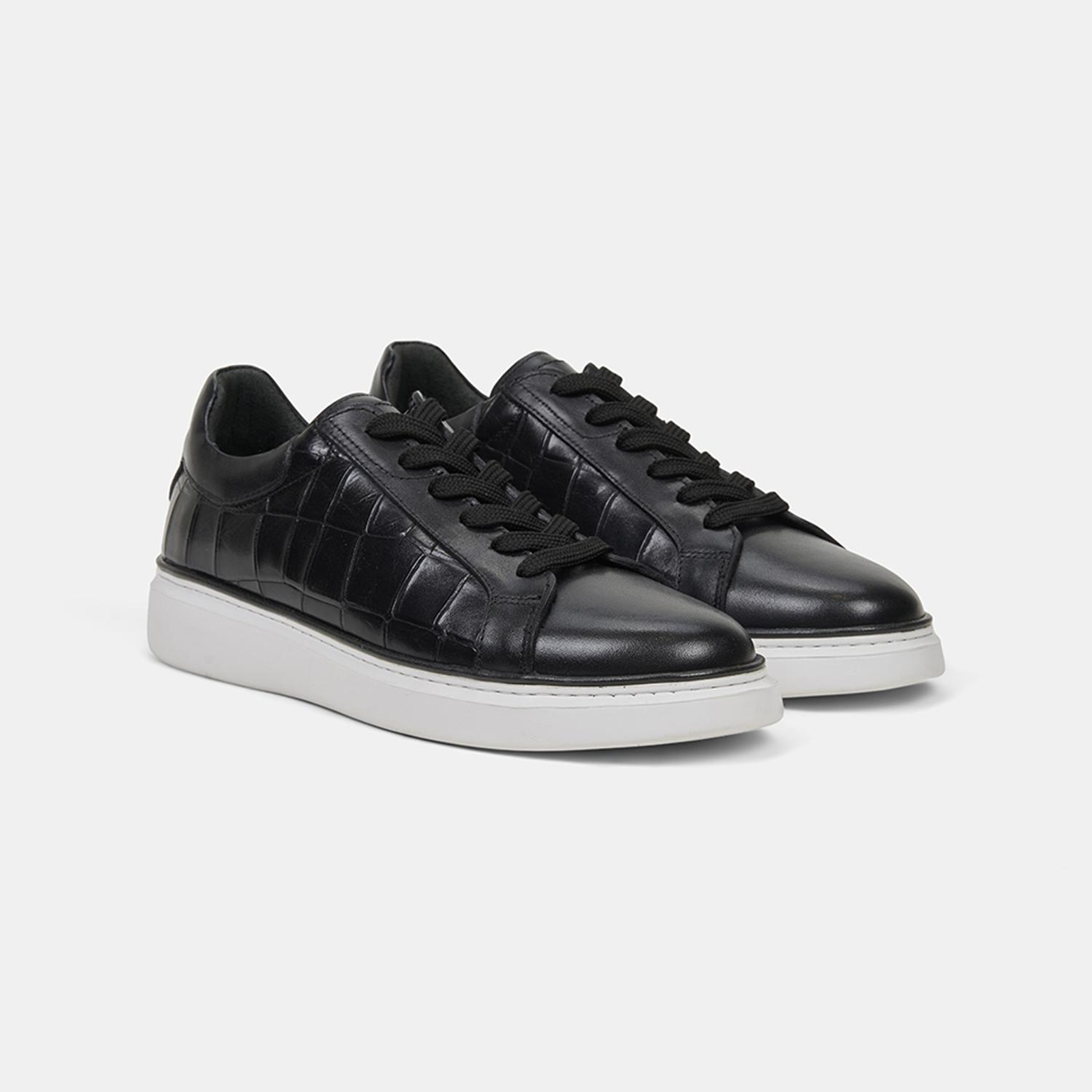 Erkek Siyah Bağcıklı Kroko Baskılı Deri Sneaker