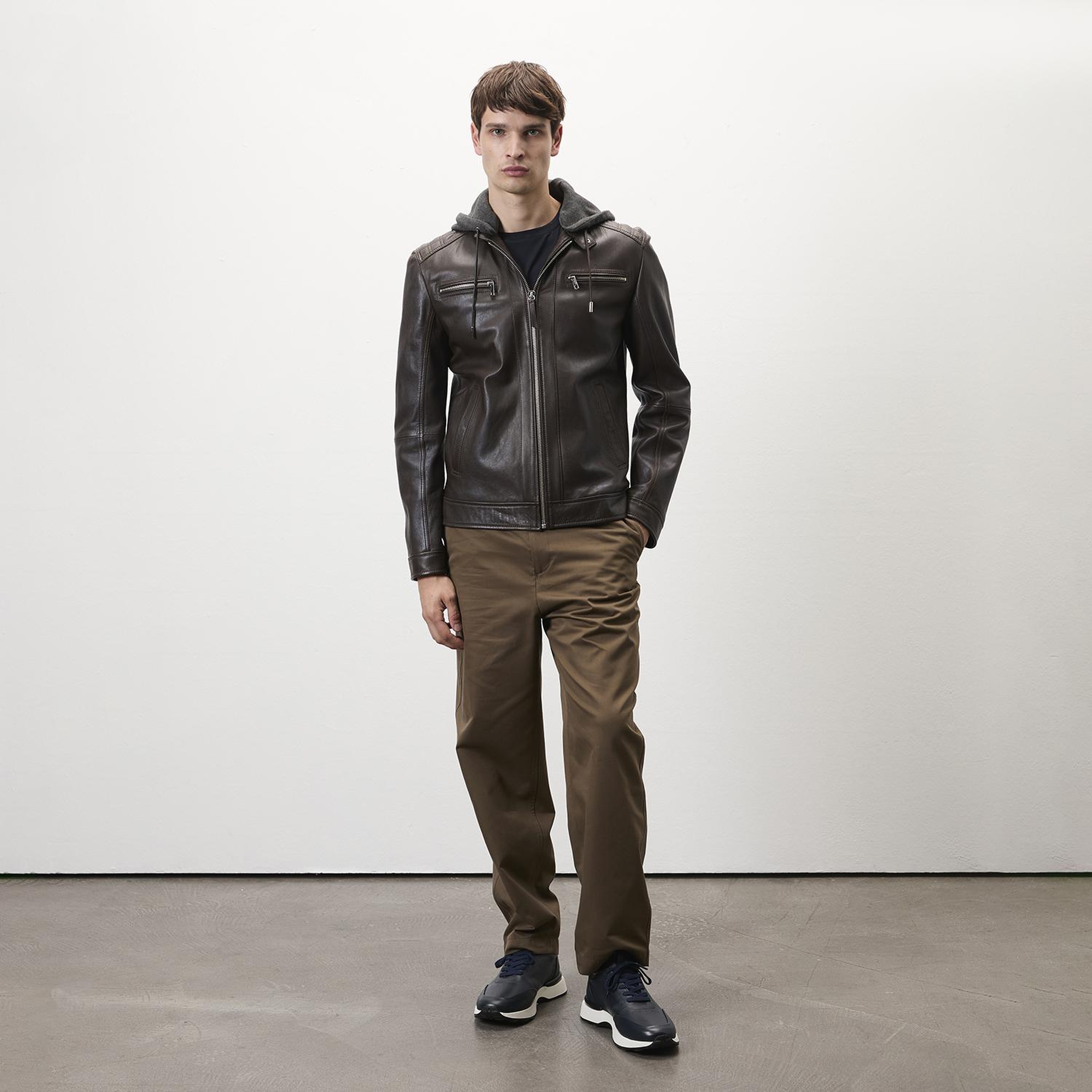 Analu Koyu Kahve Erkek Kapüşonlu Deri Mont