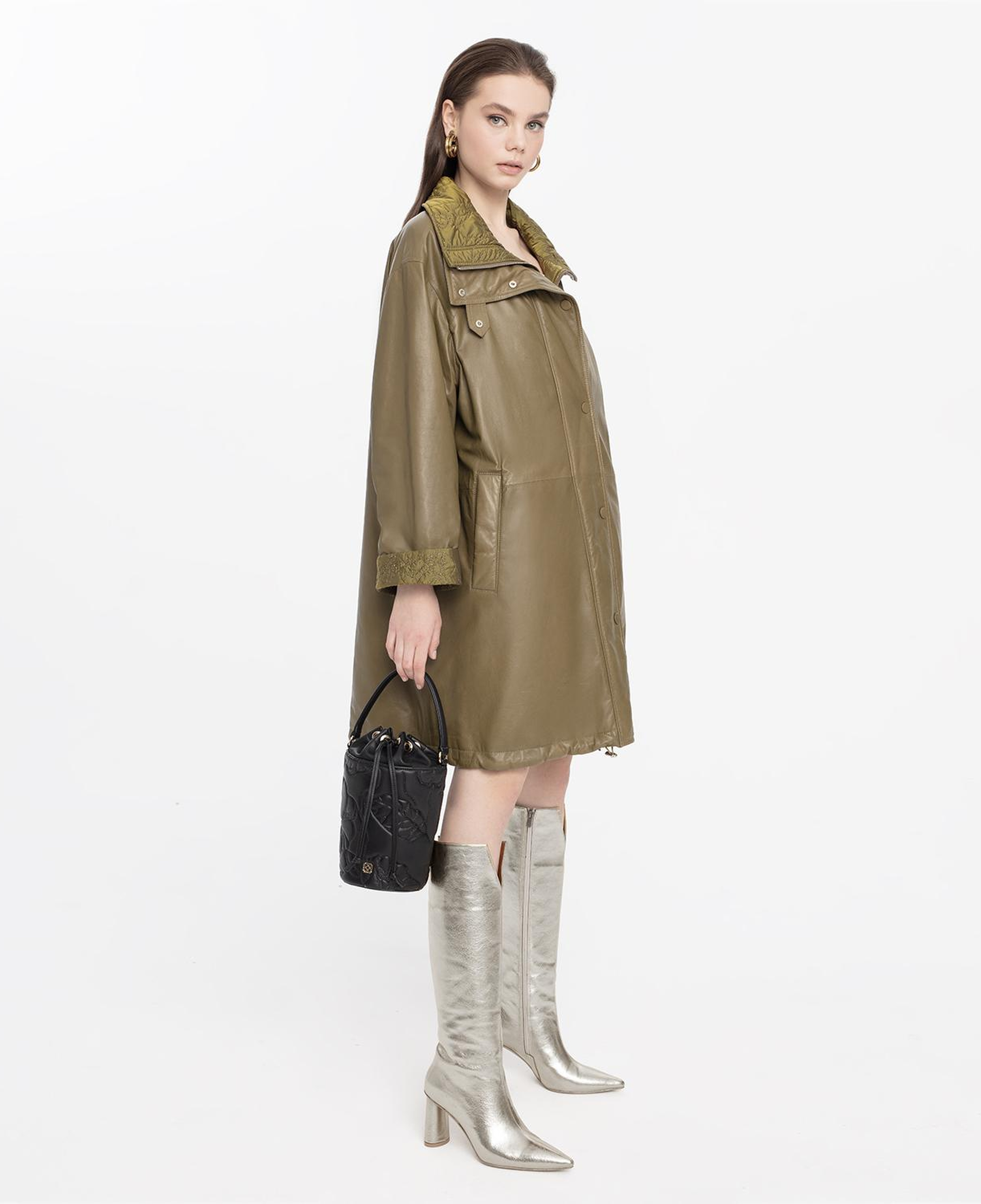 Azia Haki Kadın Çift Taraflı Deri Trençkot