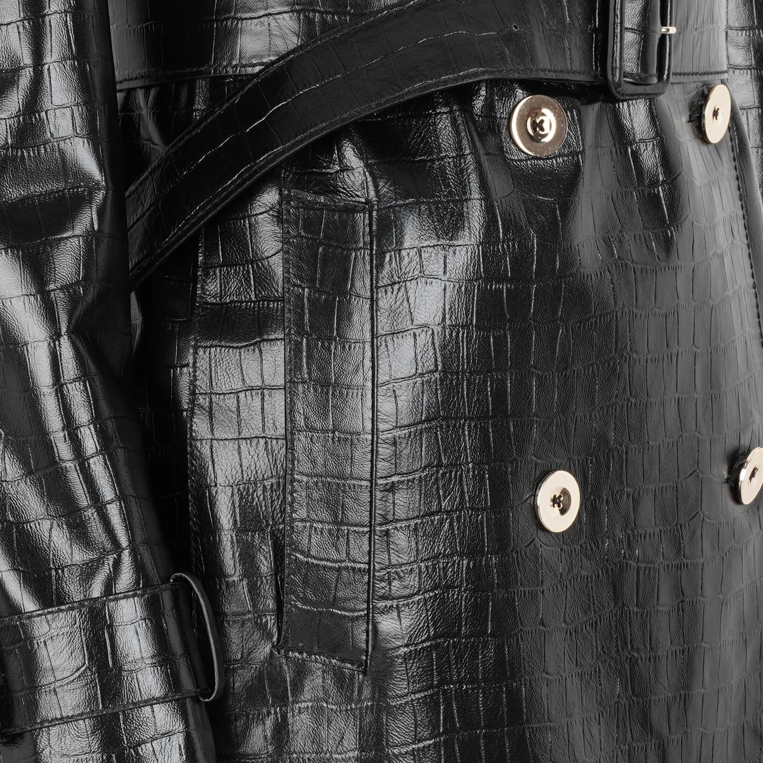 Kadın Siyah Kroko Baskılı Deri Trençkot