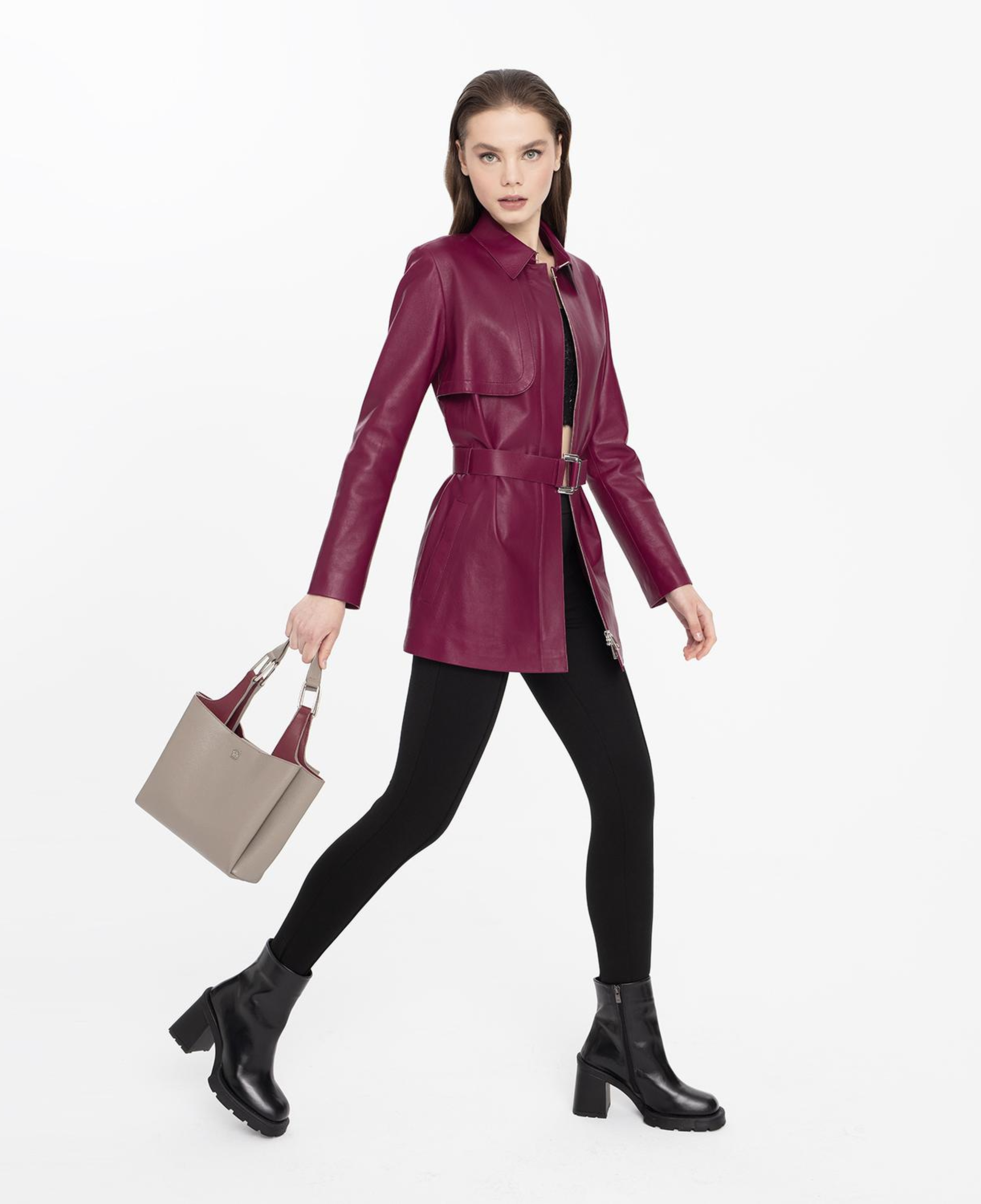 Kelly Bordo Kadın Deri Trençkot