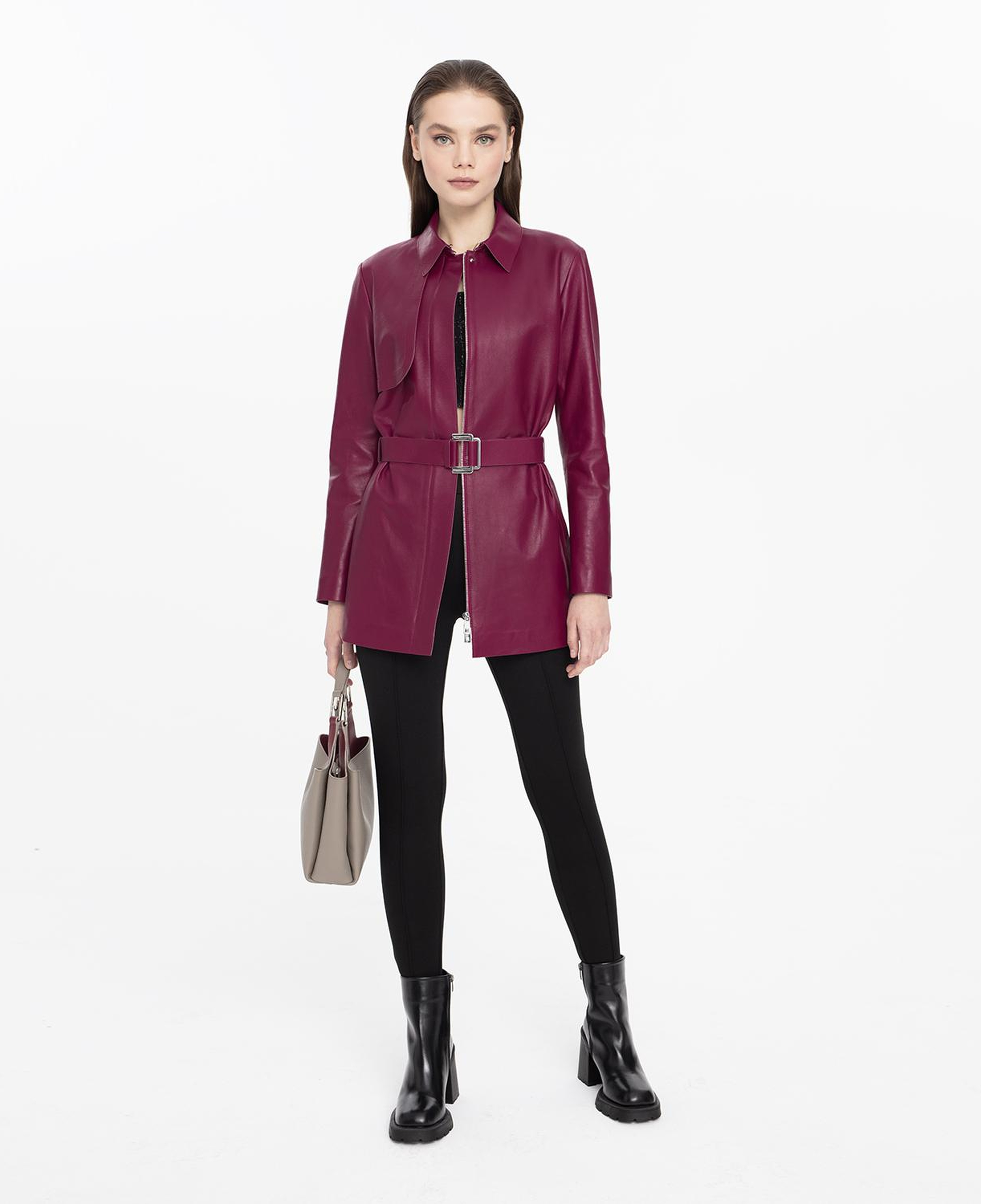 Kelly Bordo Kadın Deri Trençkot