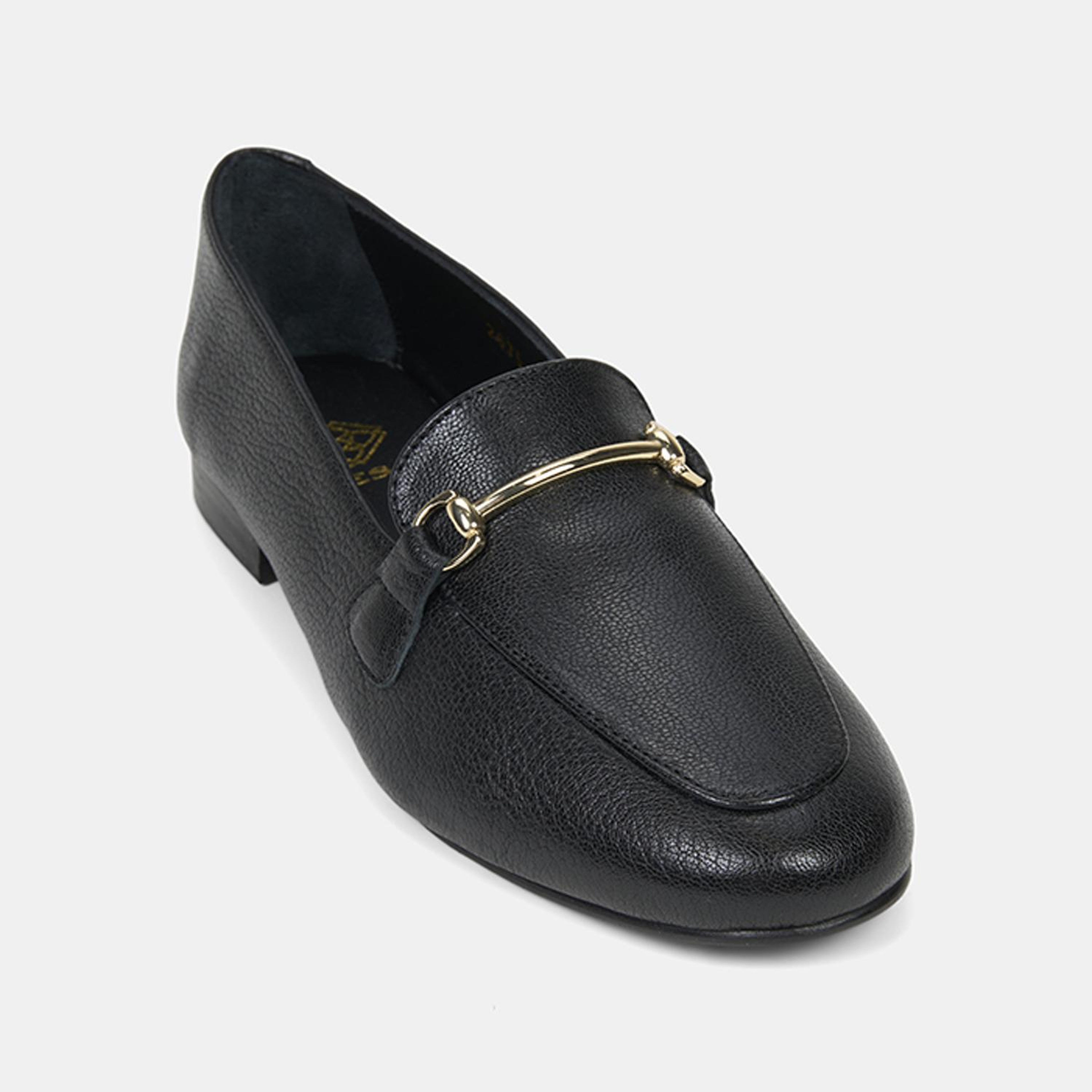 Kadın Siyah Metal Gold Tokalı Deri Loafer
