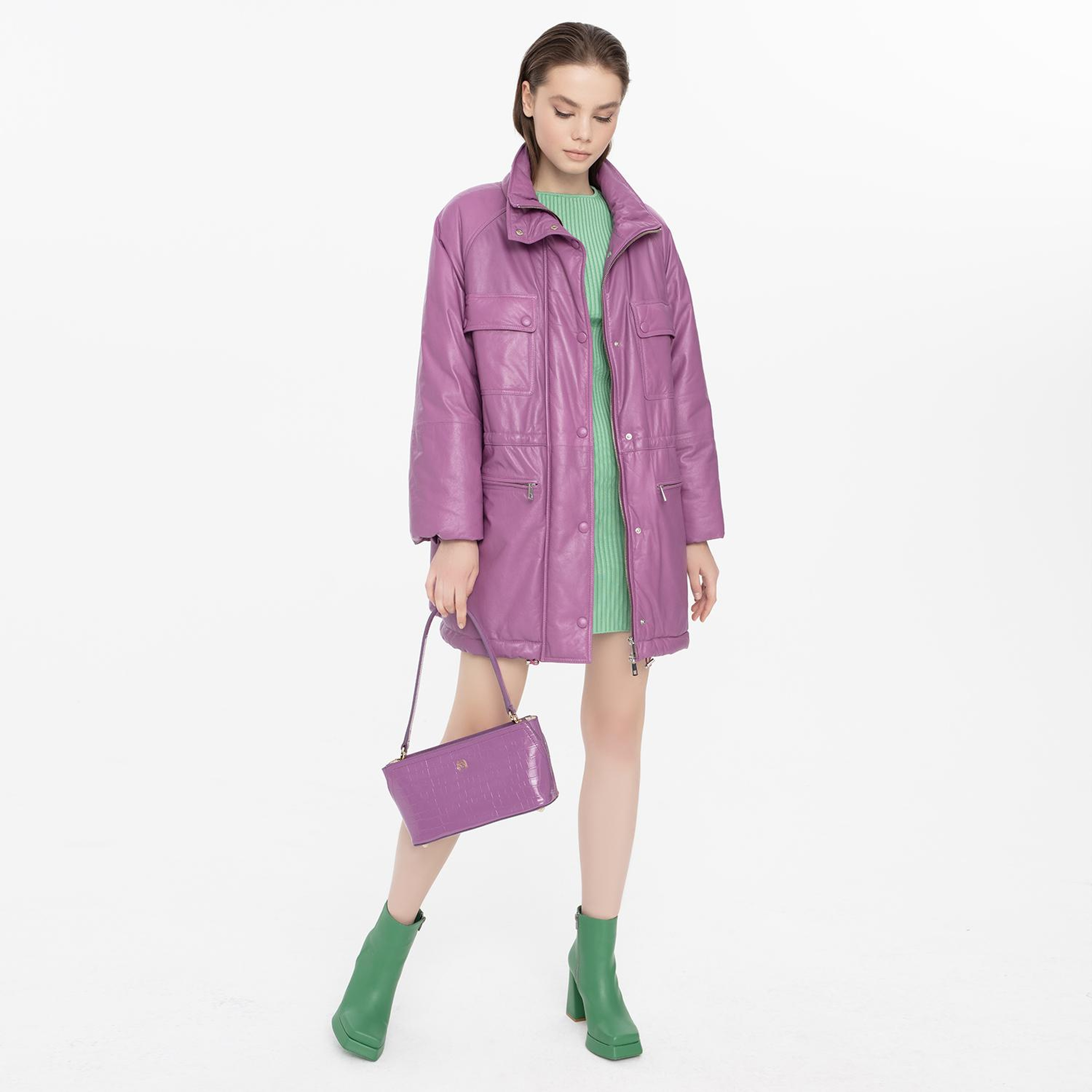 Ayiana Mor Kadın Deri Puffer Kaban