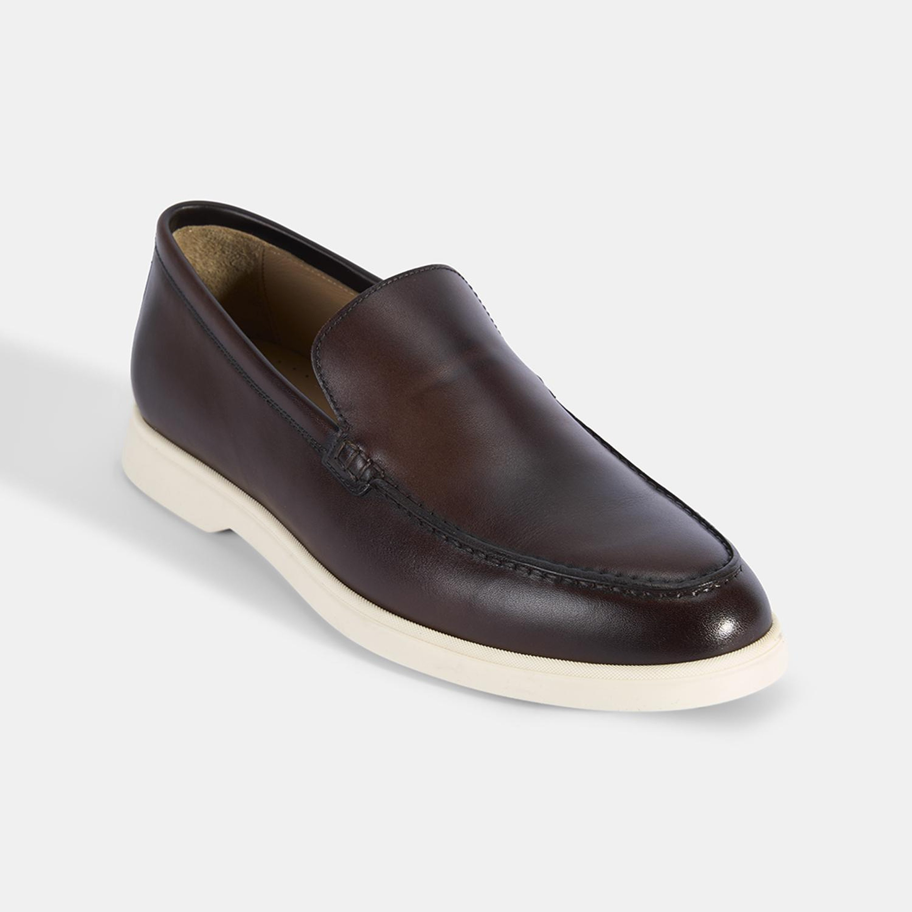 Erkek Kahve Klasik Beyaz Tabanlı Deri Loafer