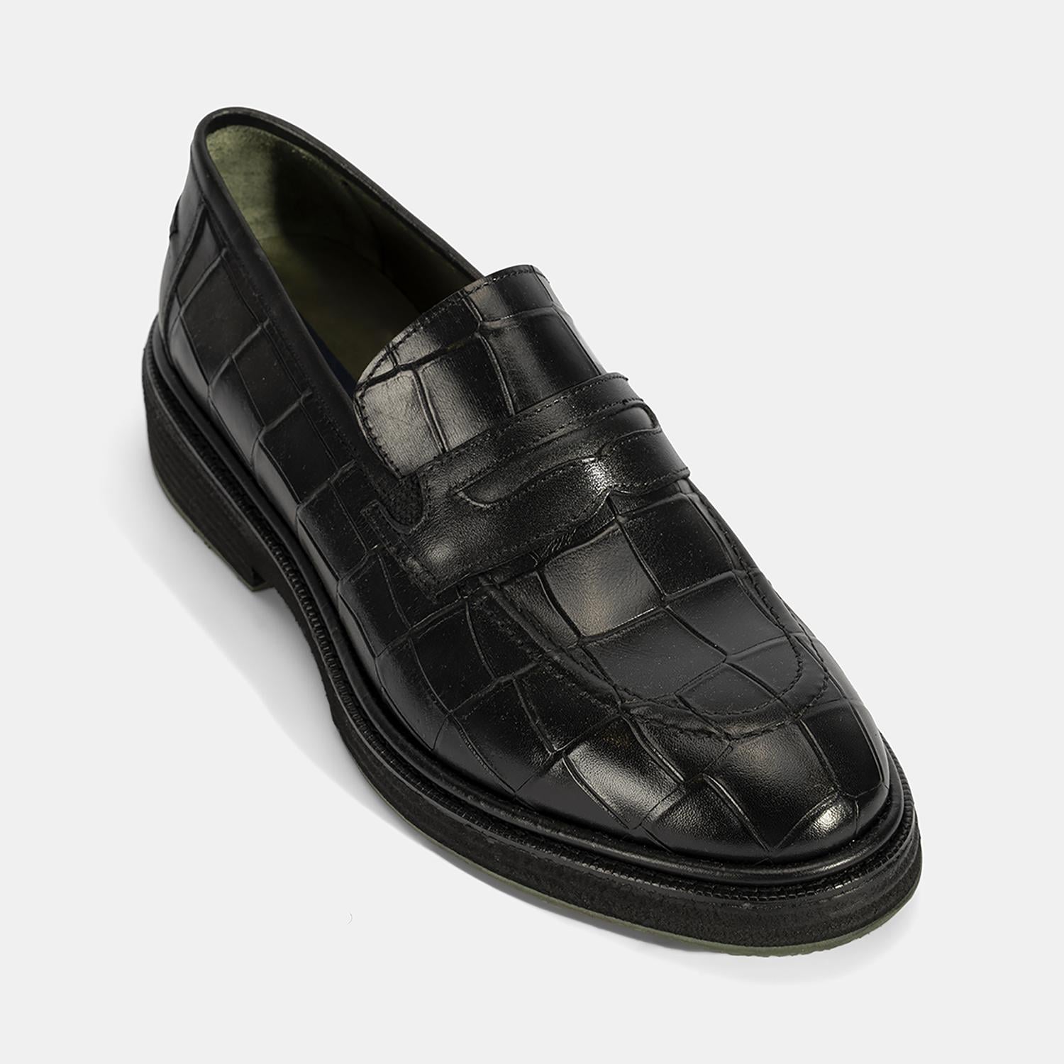 Erkek Siyah Kroko Baskılı Deri Loafer