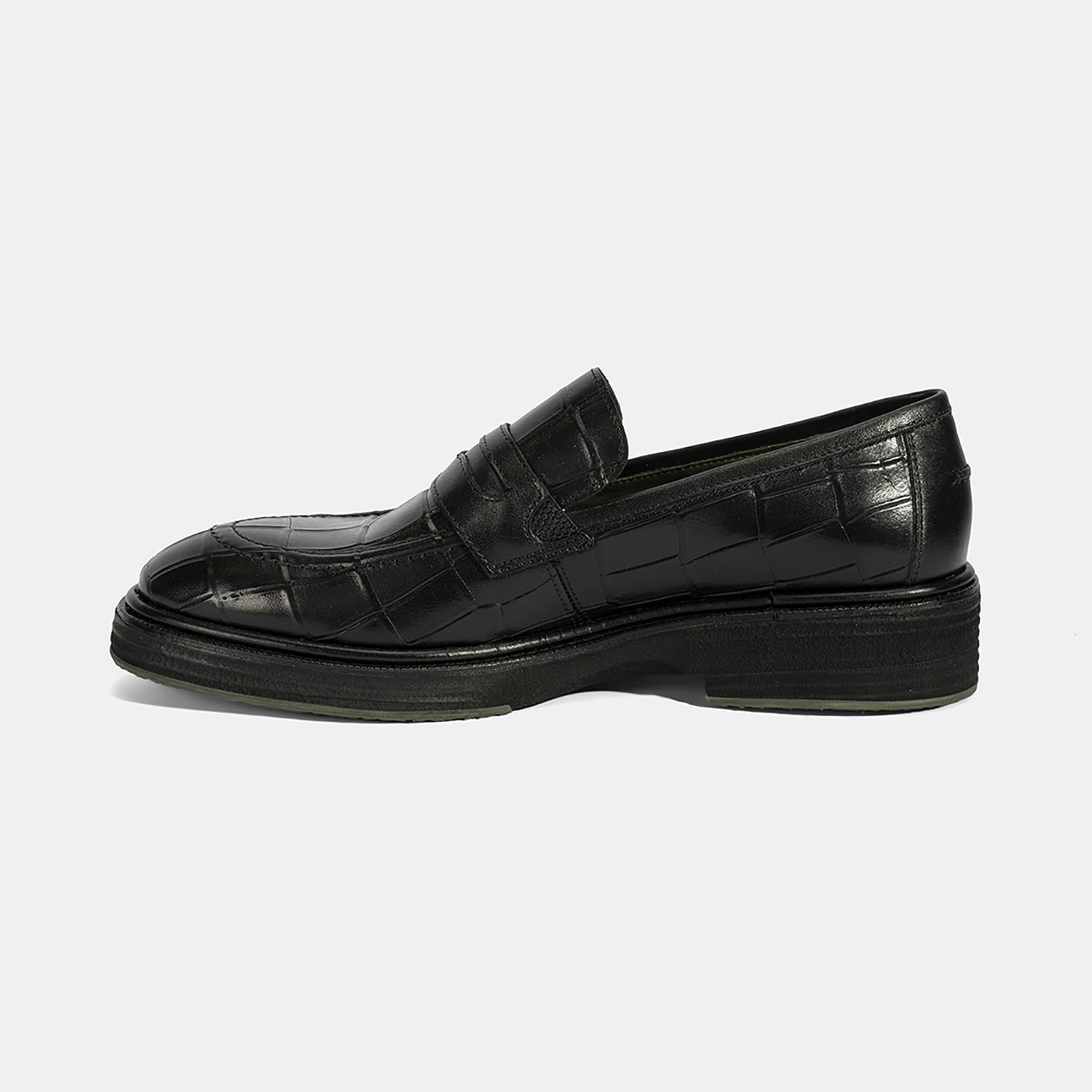Erkek Siyah Kroko Baskılı Deri Loafer