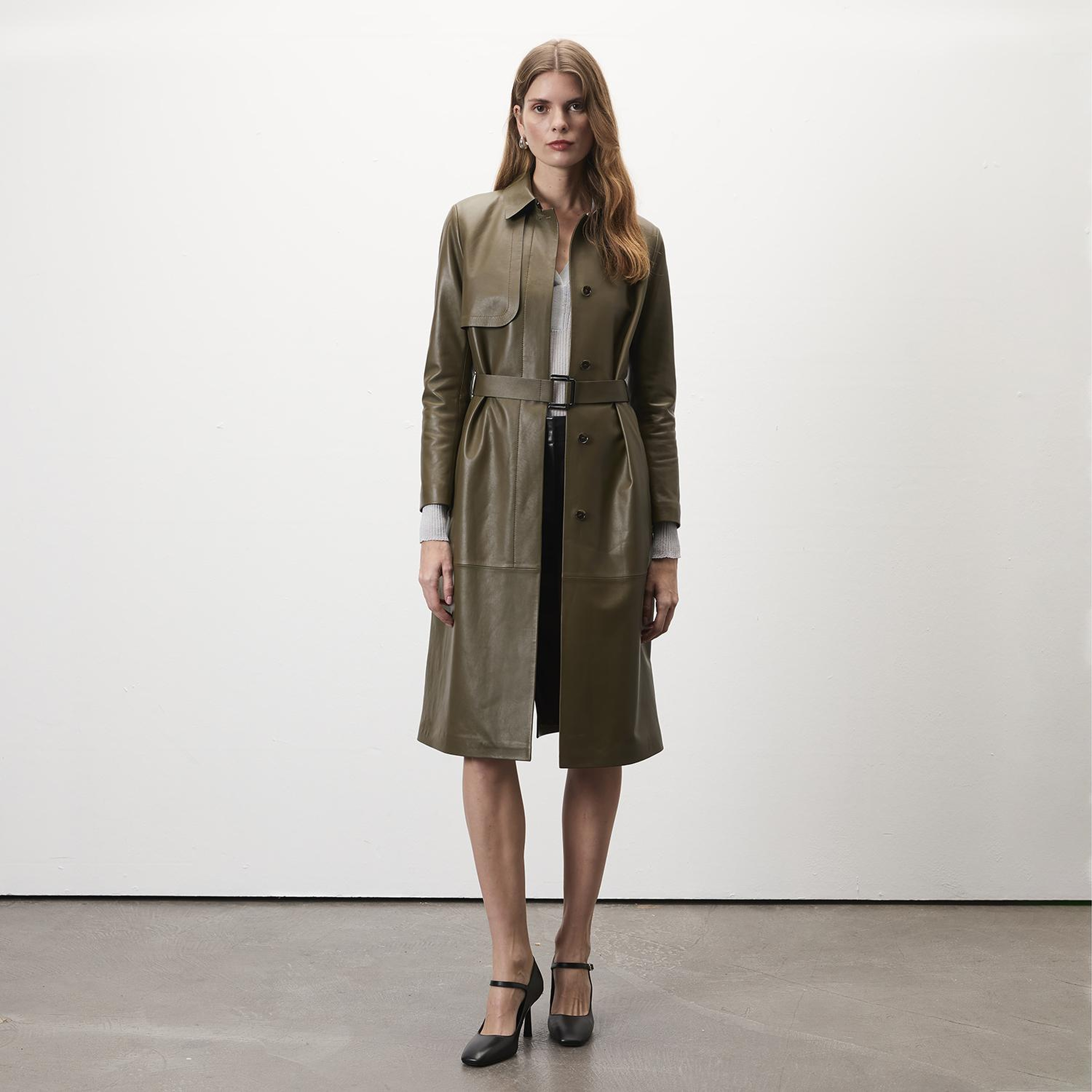 Kadın Haki Uzun Gömlek Yaka Deri Trençkot