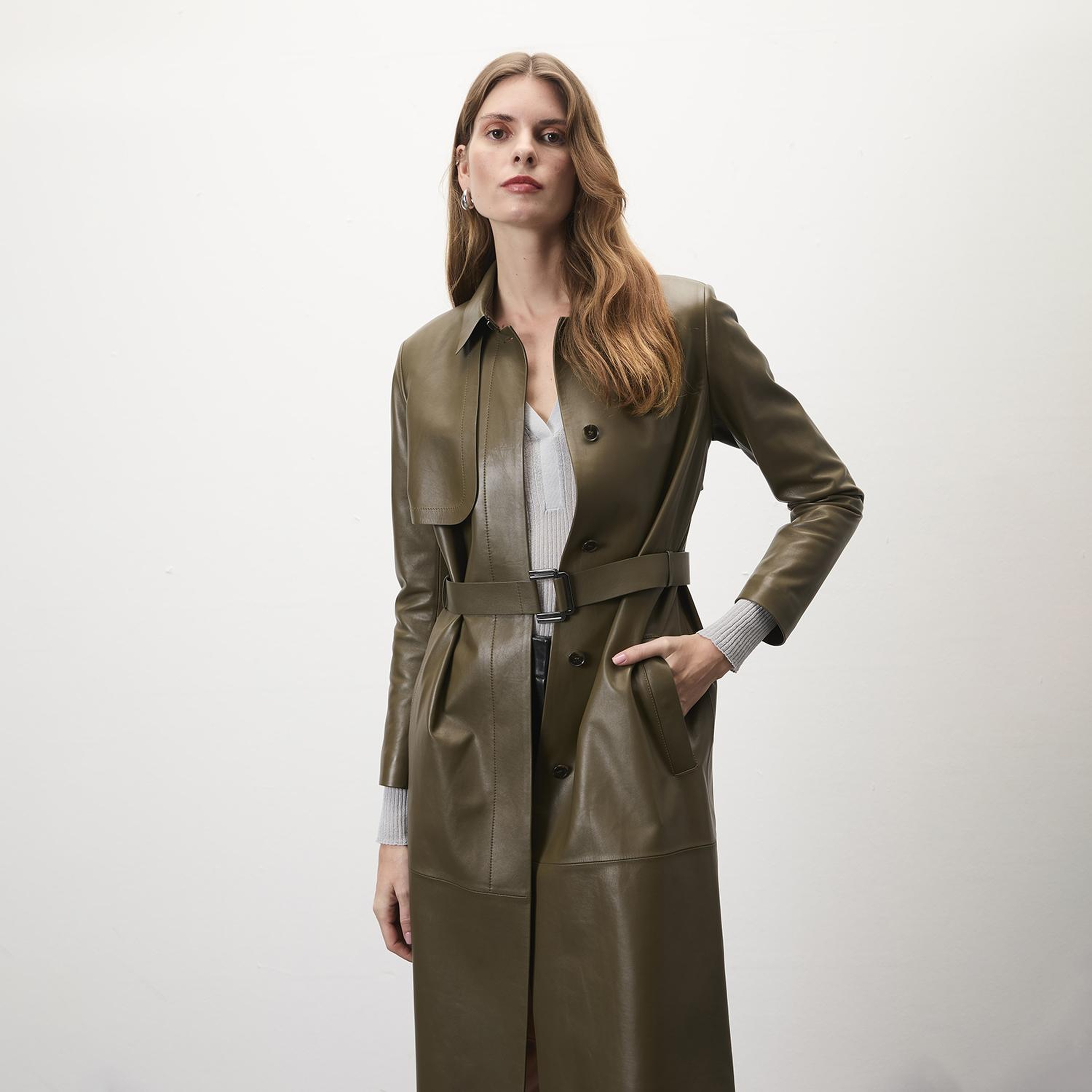 Kadın Haki Uzun Gömlek Yaka Deri Trençkot