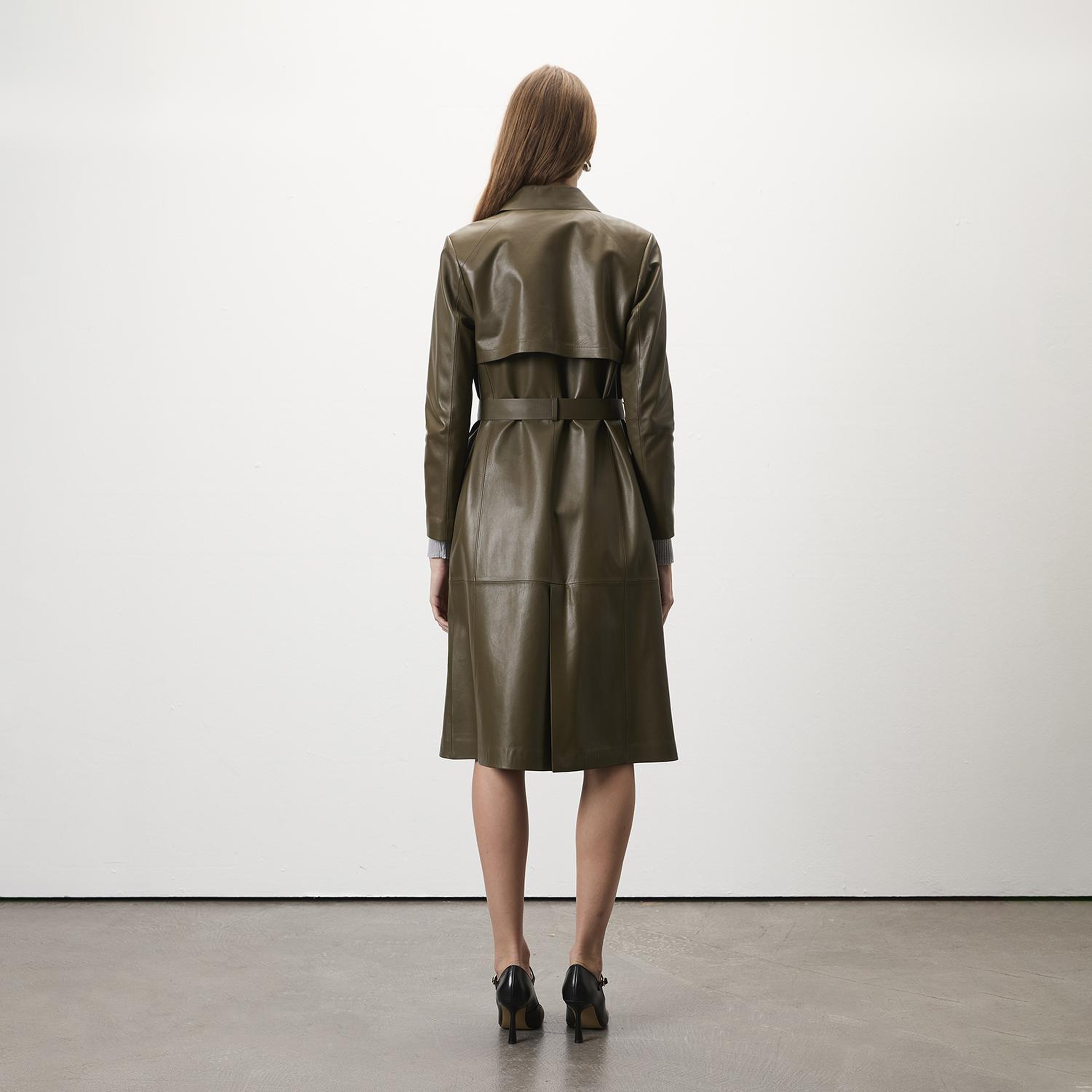 Kadın Haki Uzun Gömlek Yaka Deri Trençkot