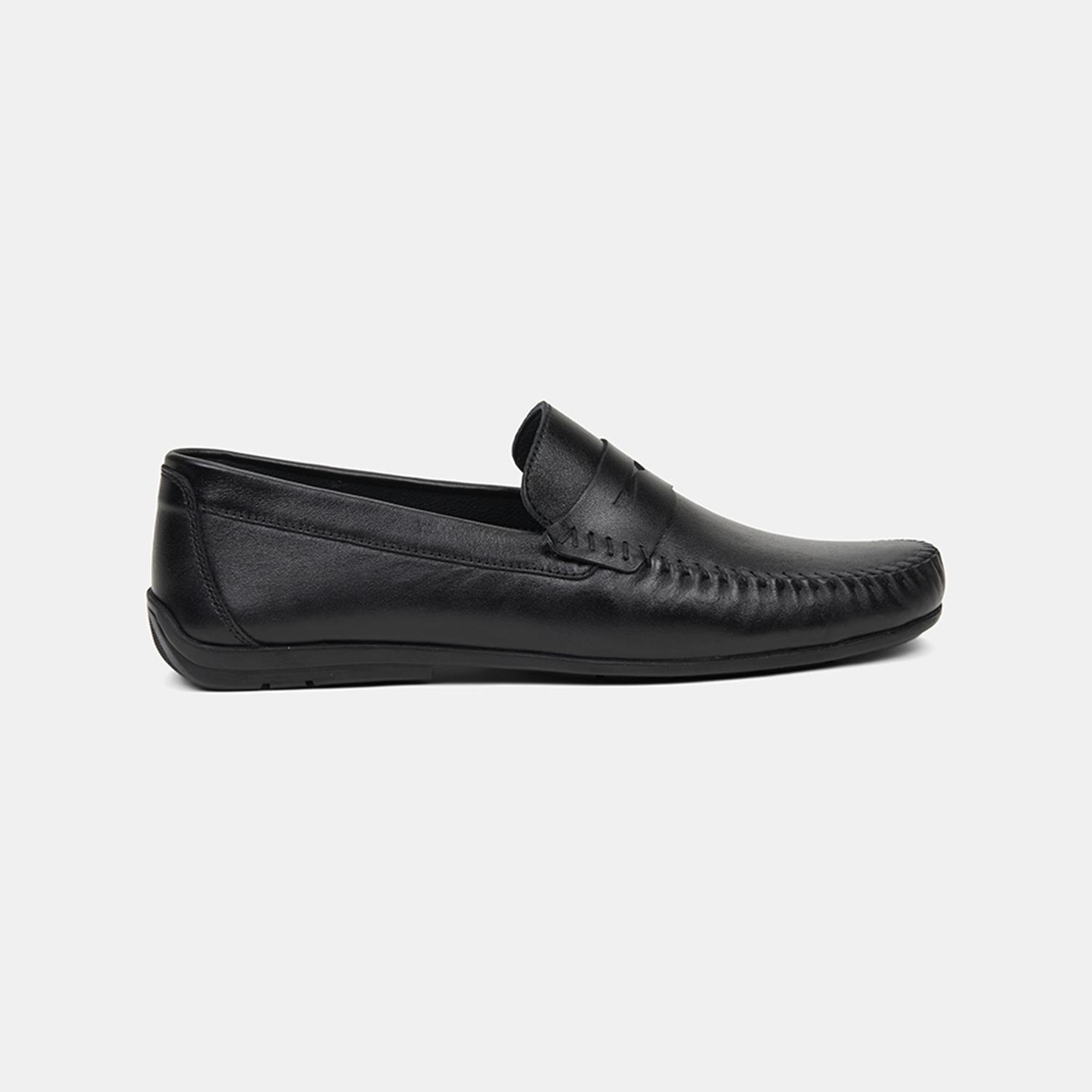 Erkek Siyah Yuvarlak Burun Deri Loafer