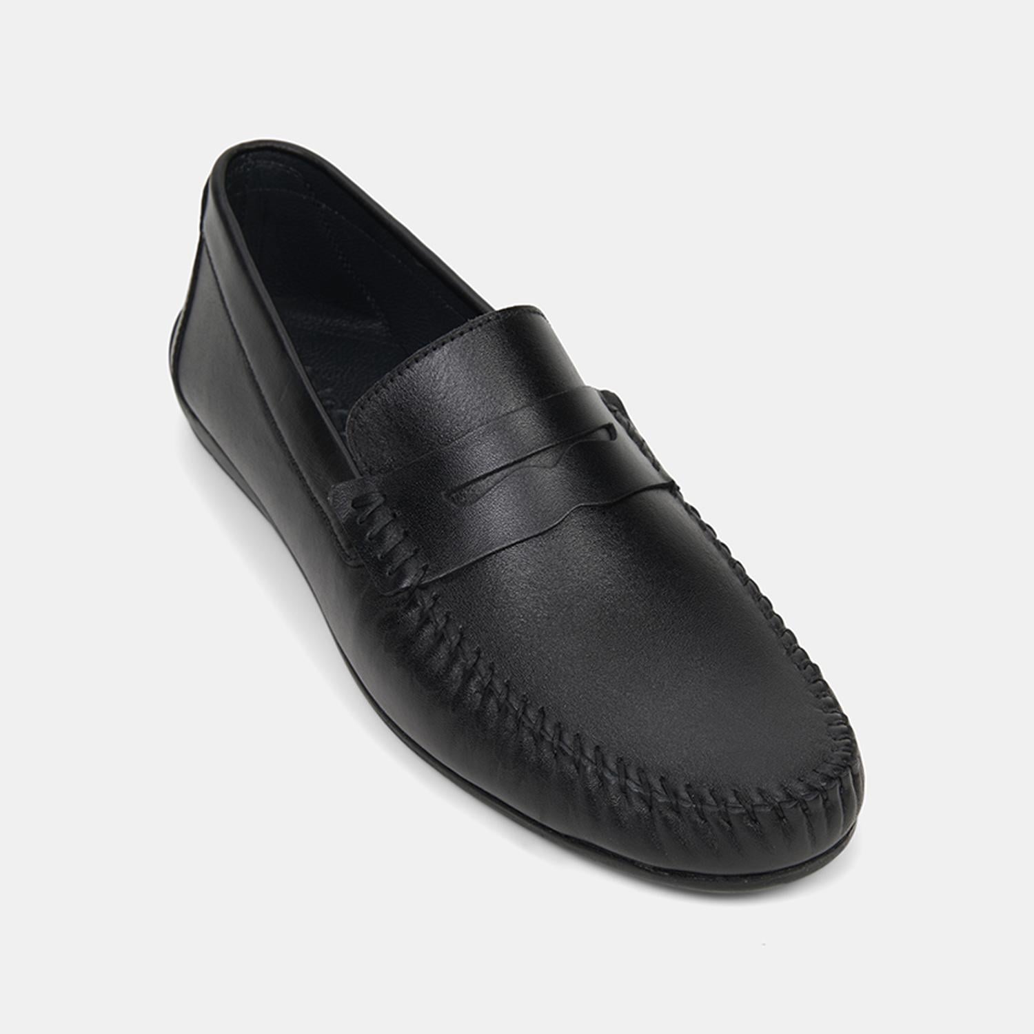 Erkek Siyah Yuvarlak Burun Deri Loafer