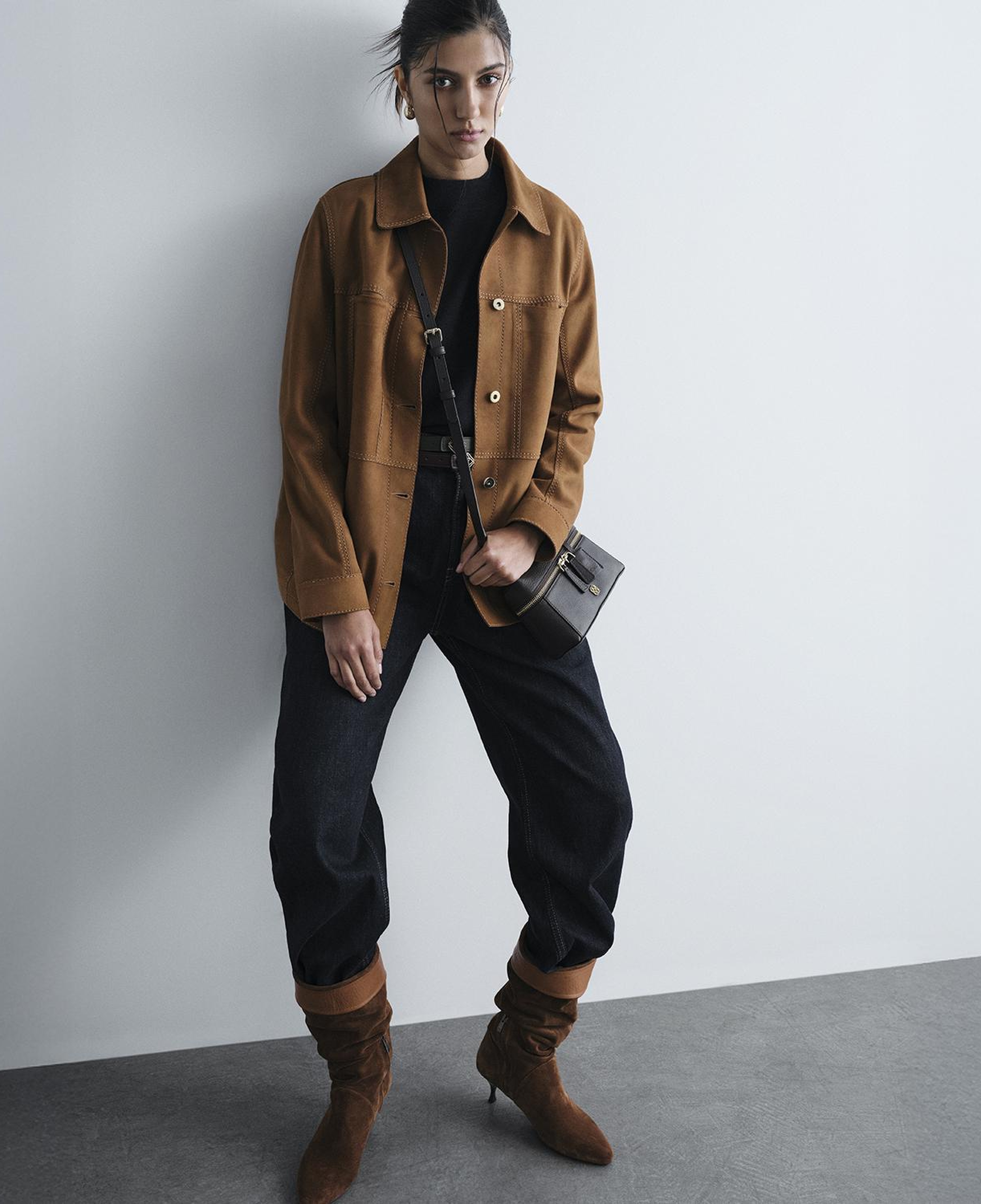 Kadın Kahve Gömlek Yakalı Spor Dikiş Detaylı Süet Ceket