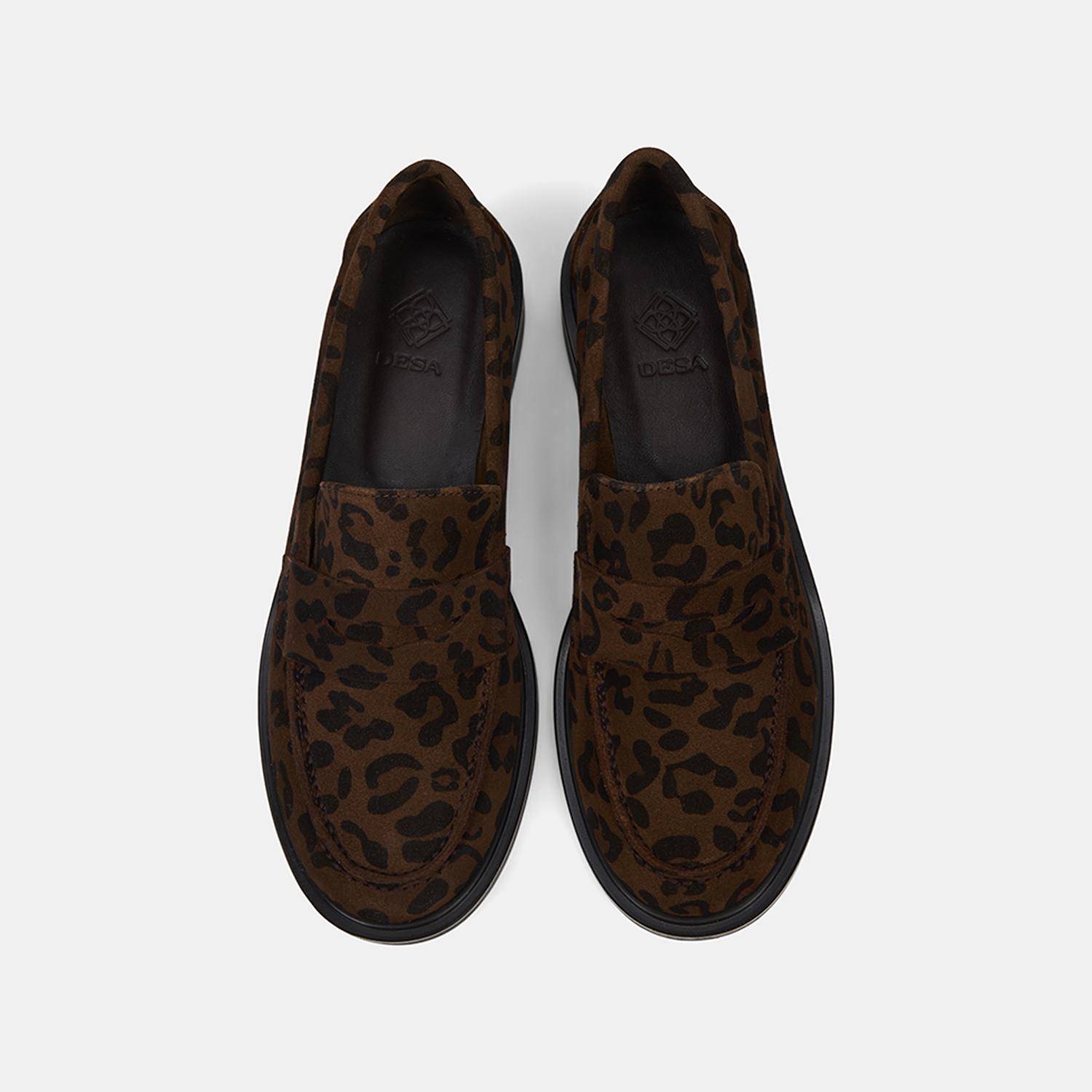 Kadın Leopar Desenli Yuvarlak Burun Süet Deri Loafer