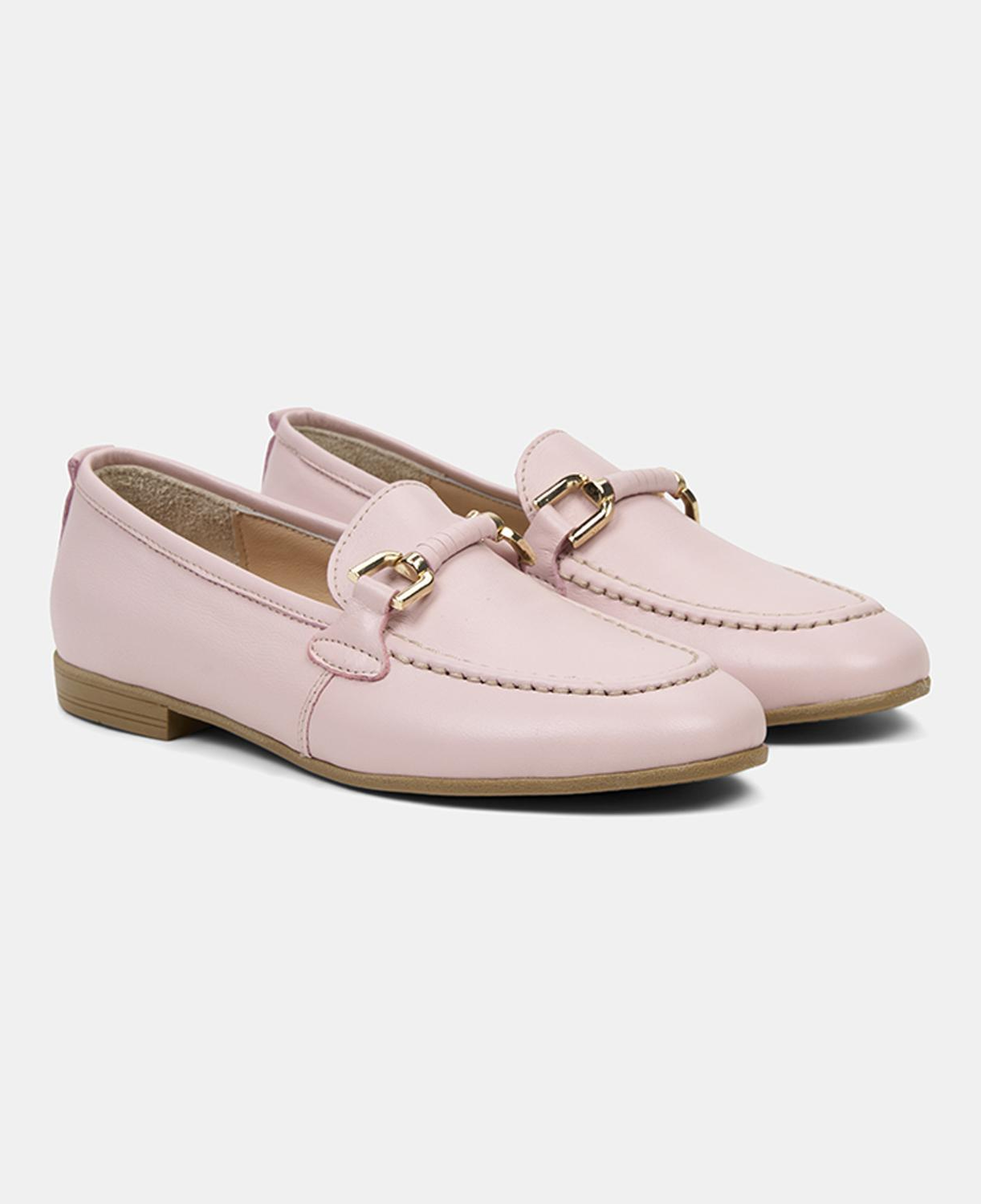 Kadın Pembe Metal Gold Toka Aksesuarlı Deri Loafer