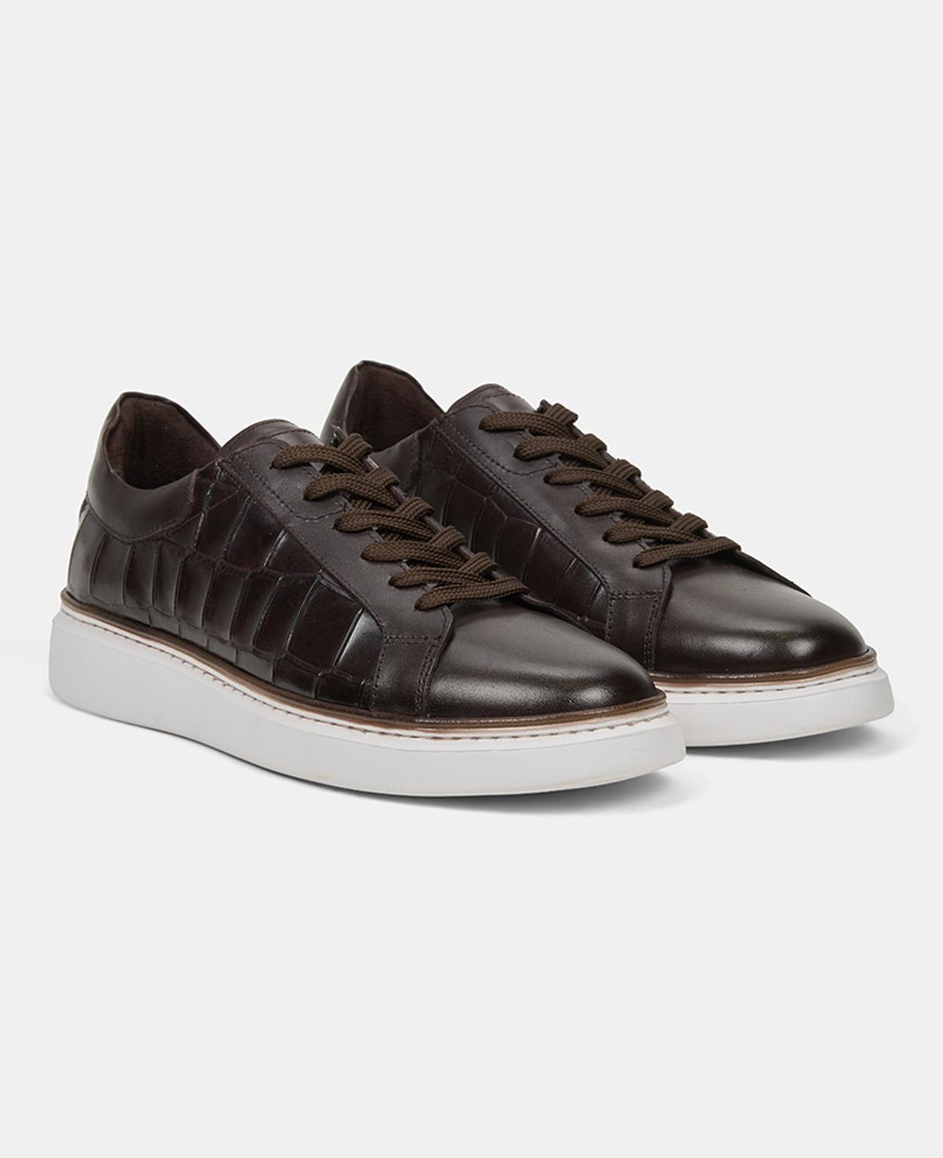 Erkek Kahve Bağcıklı Kroko Baskılı Deri Sneaker