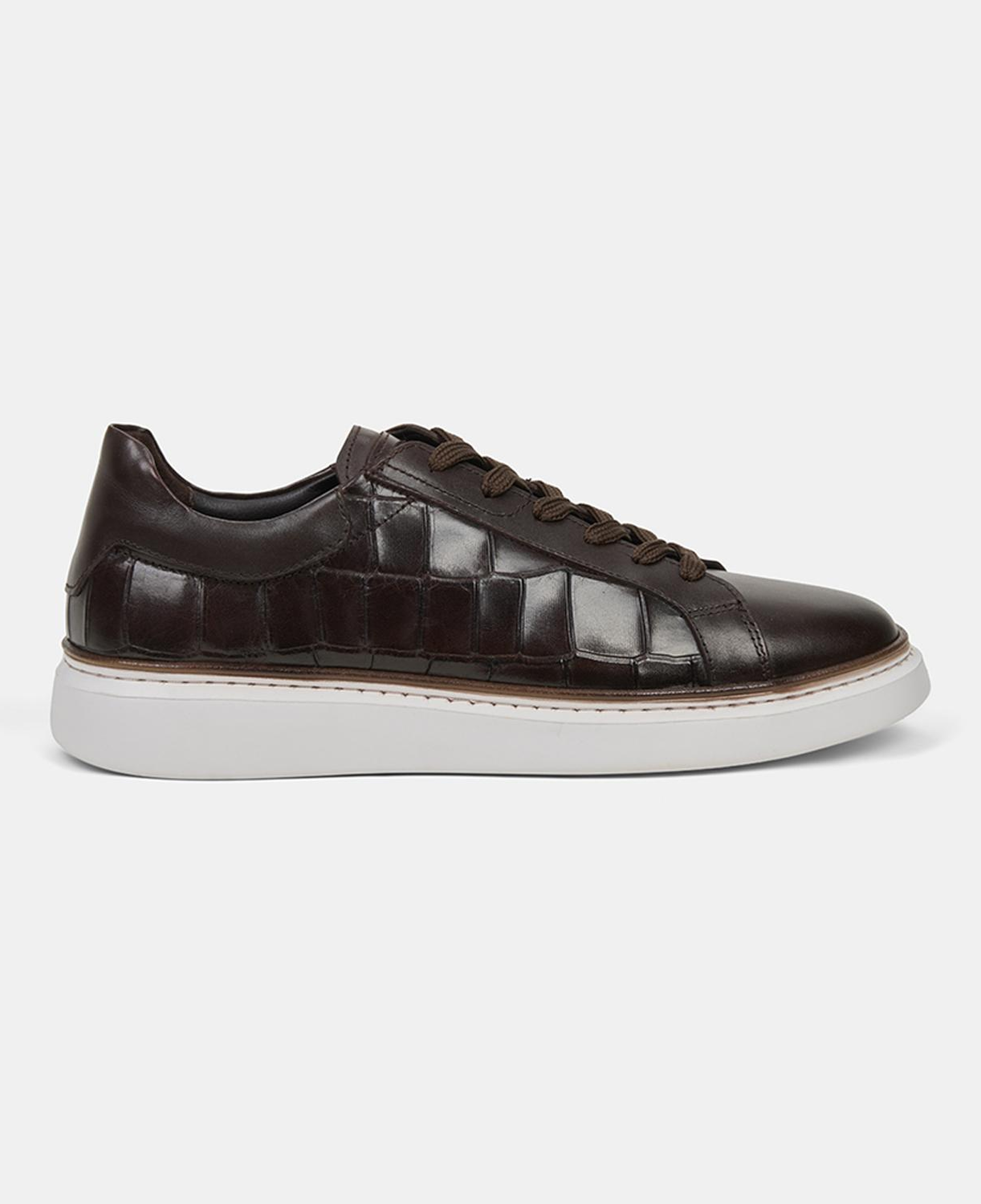 Erkek Kahve Bağcıklı Kroko Baskılı Deri Sneaker