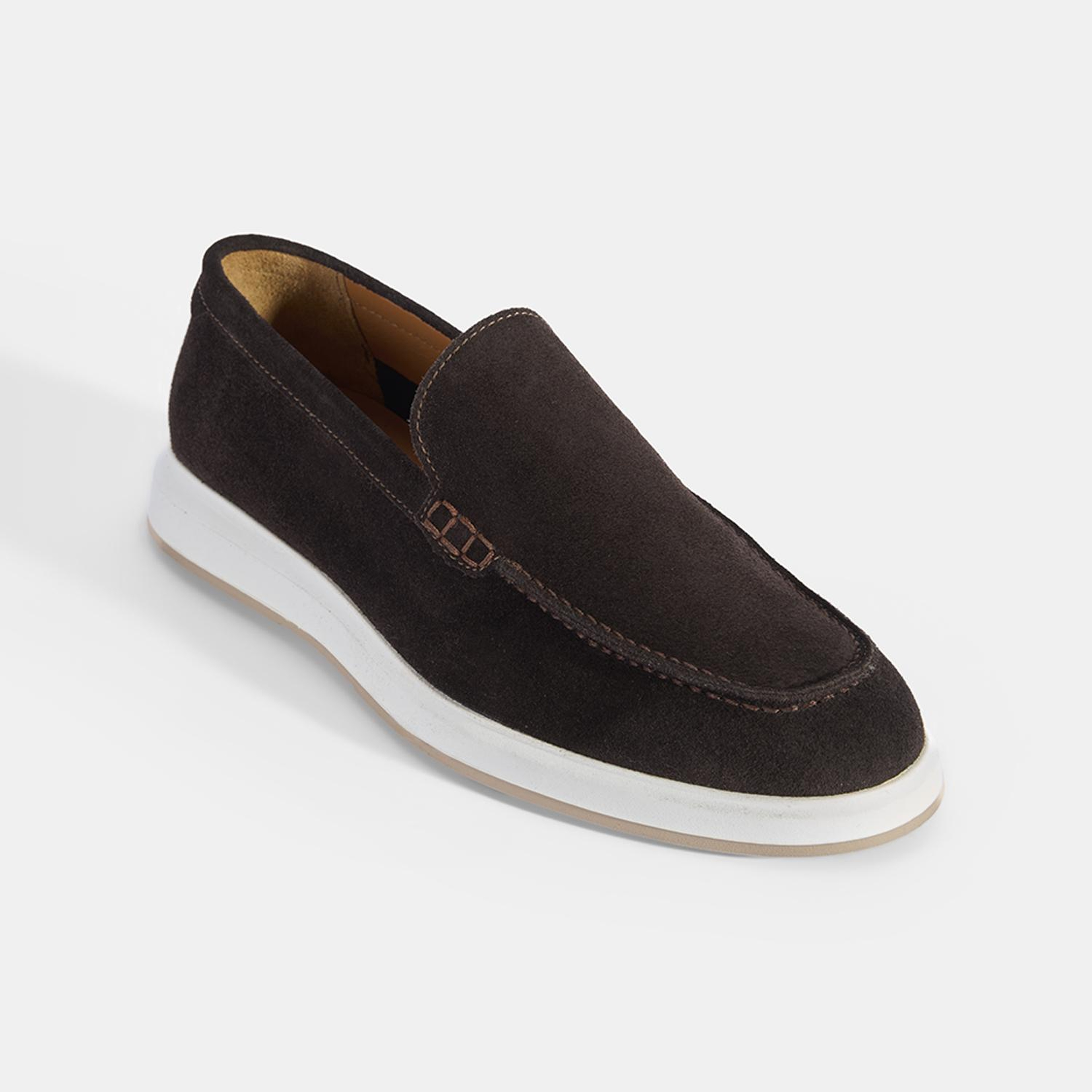 Erkek Kahve Klasik Beyaz Tabanlı Süet Loafer