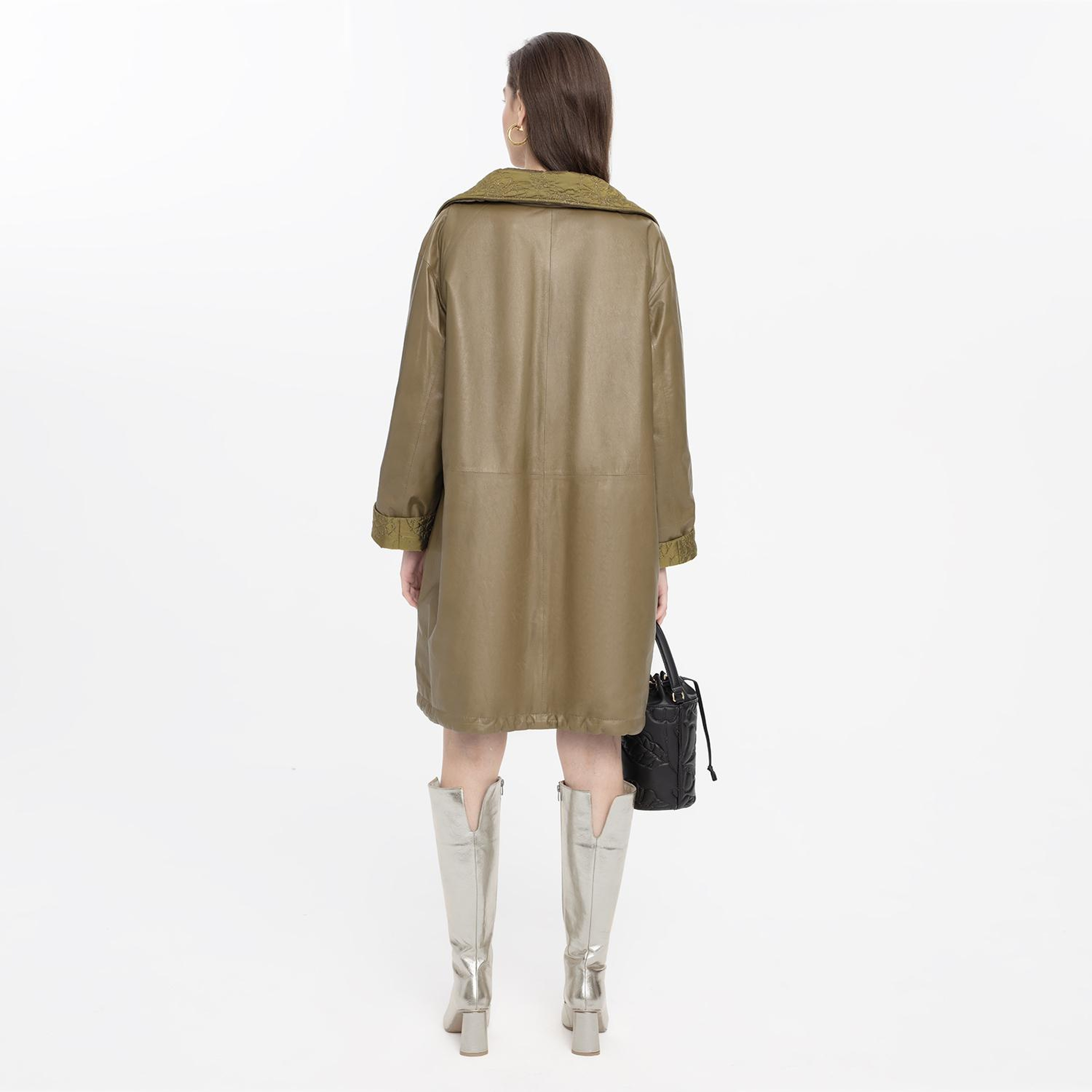 Azia Haki Kadın Çift Taraflı Deri Trençkot