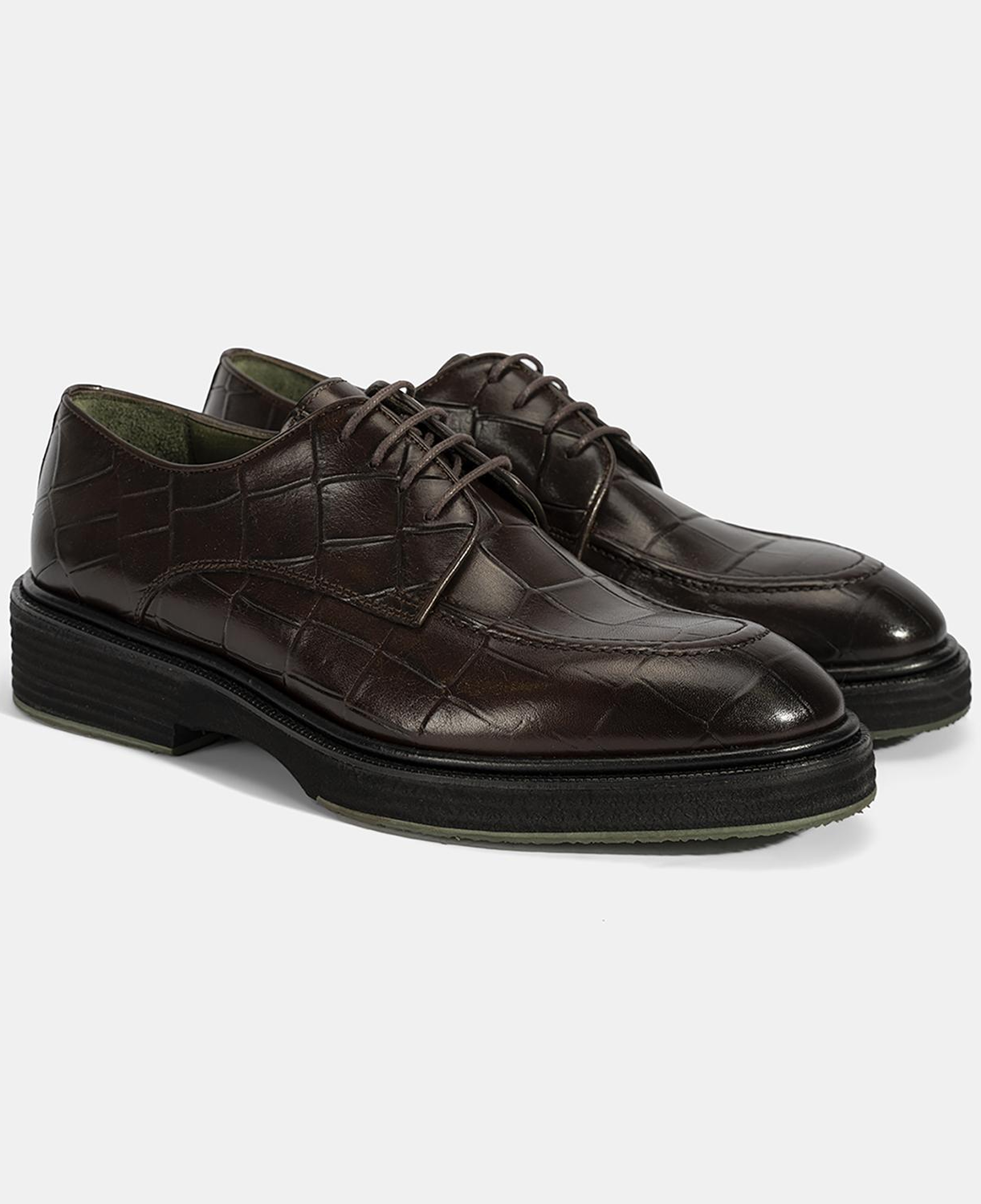 Erkek Kahve Bağcıklı Kroko Baskılı Deri Klasik Ayakkabı