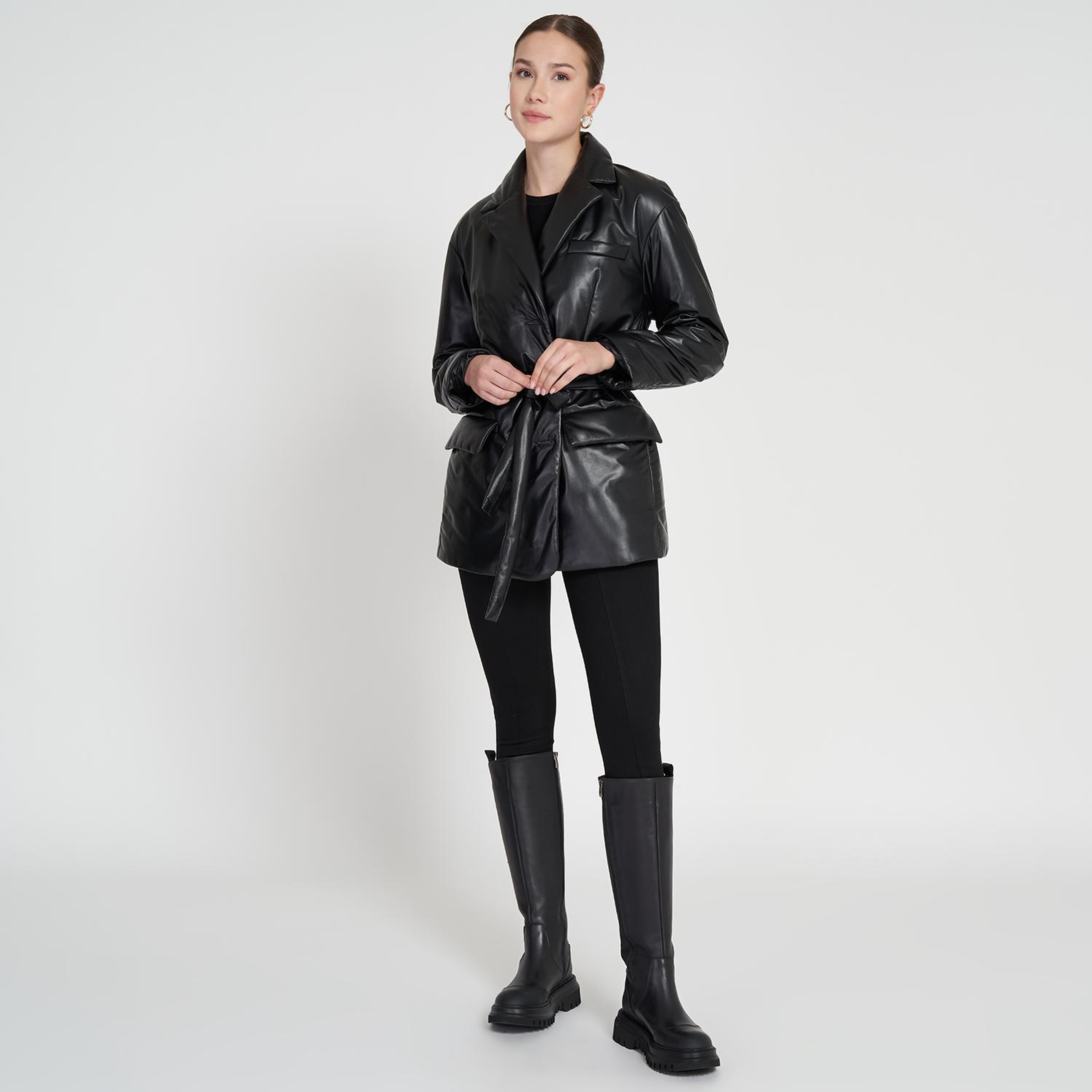 Lena Siyah Kadın Puffer Deri Kaban