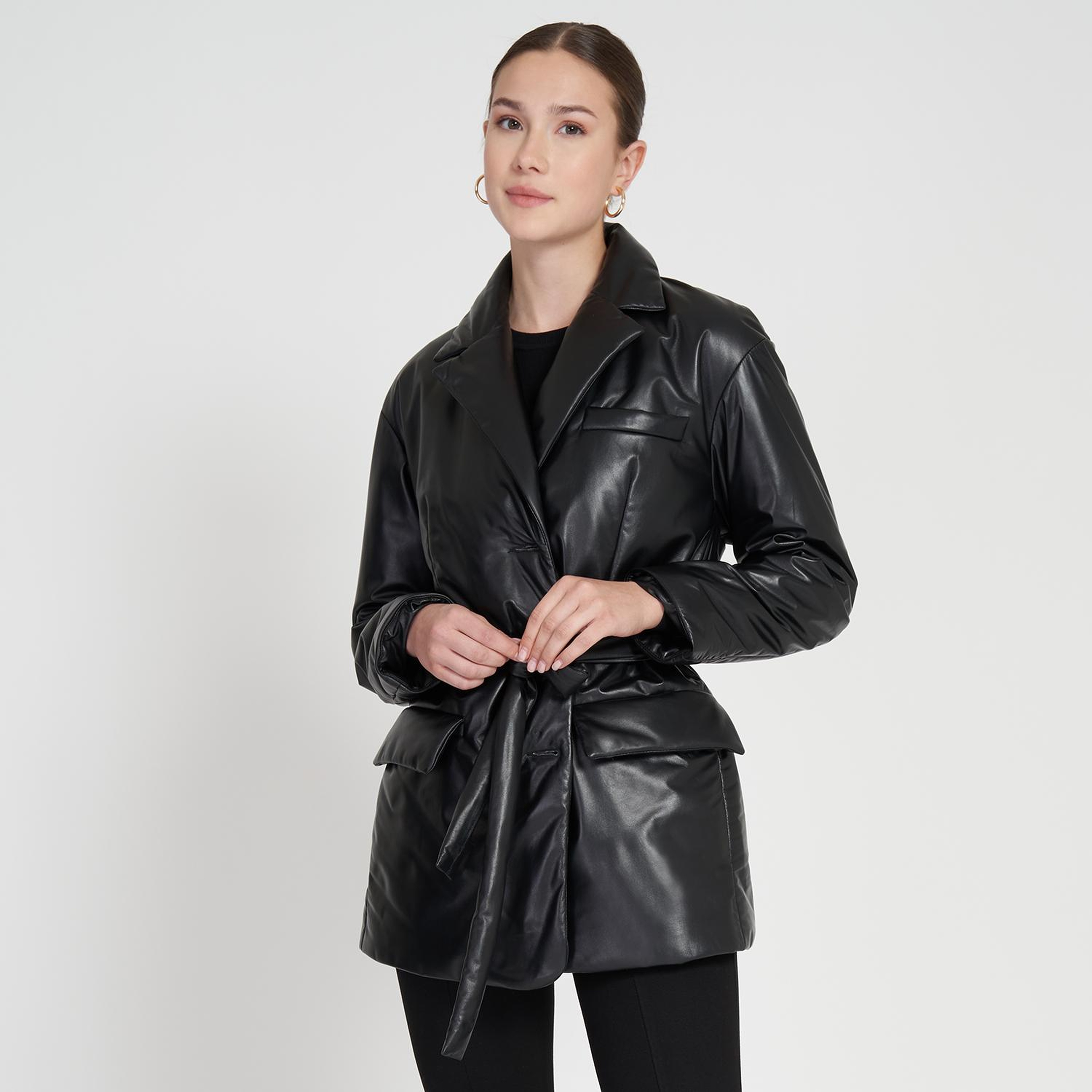 Lena Siyah Kadın Puffer Deri Kaban