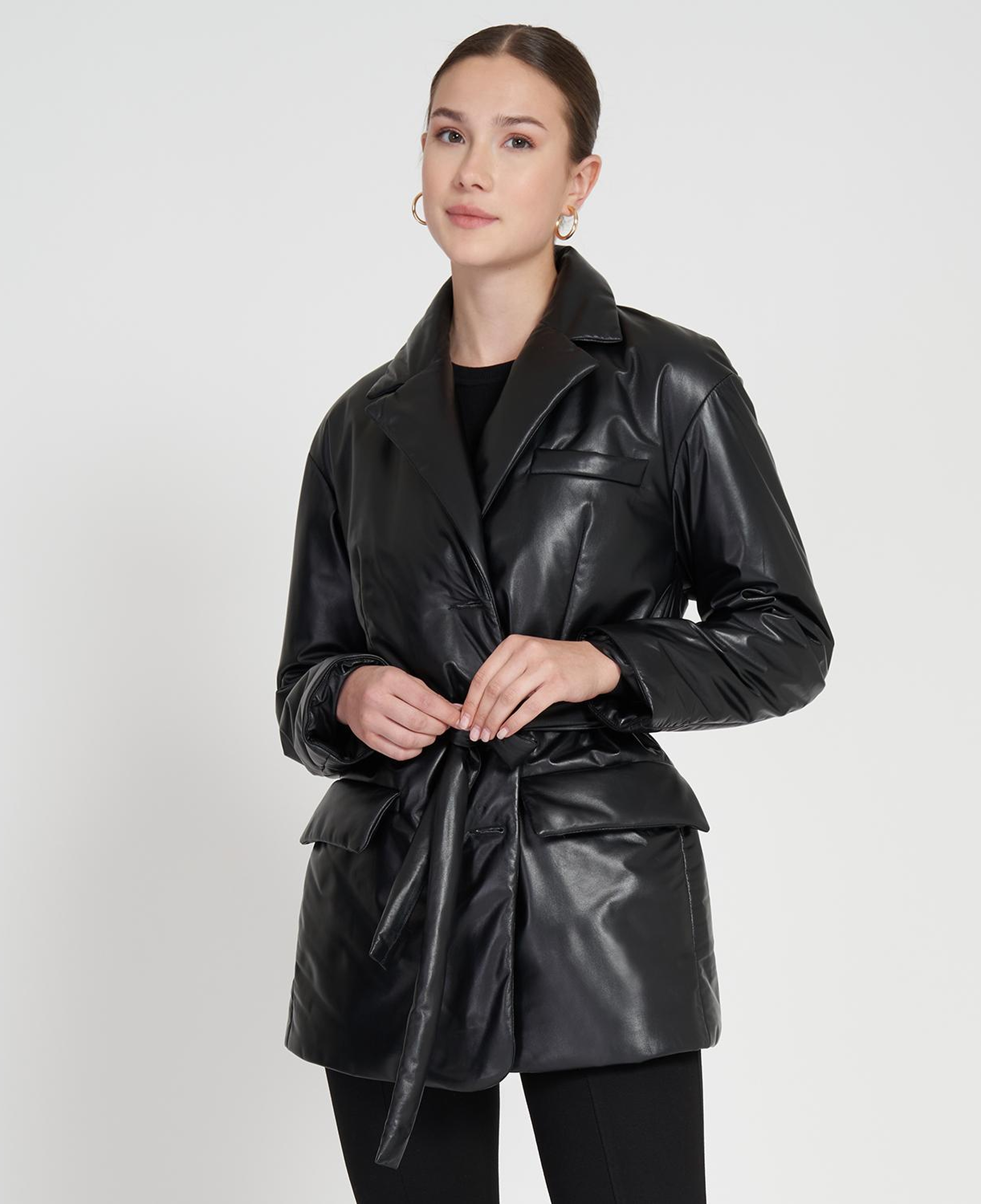 Lena Siyah Kadın Puffer Deri Kaban