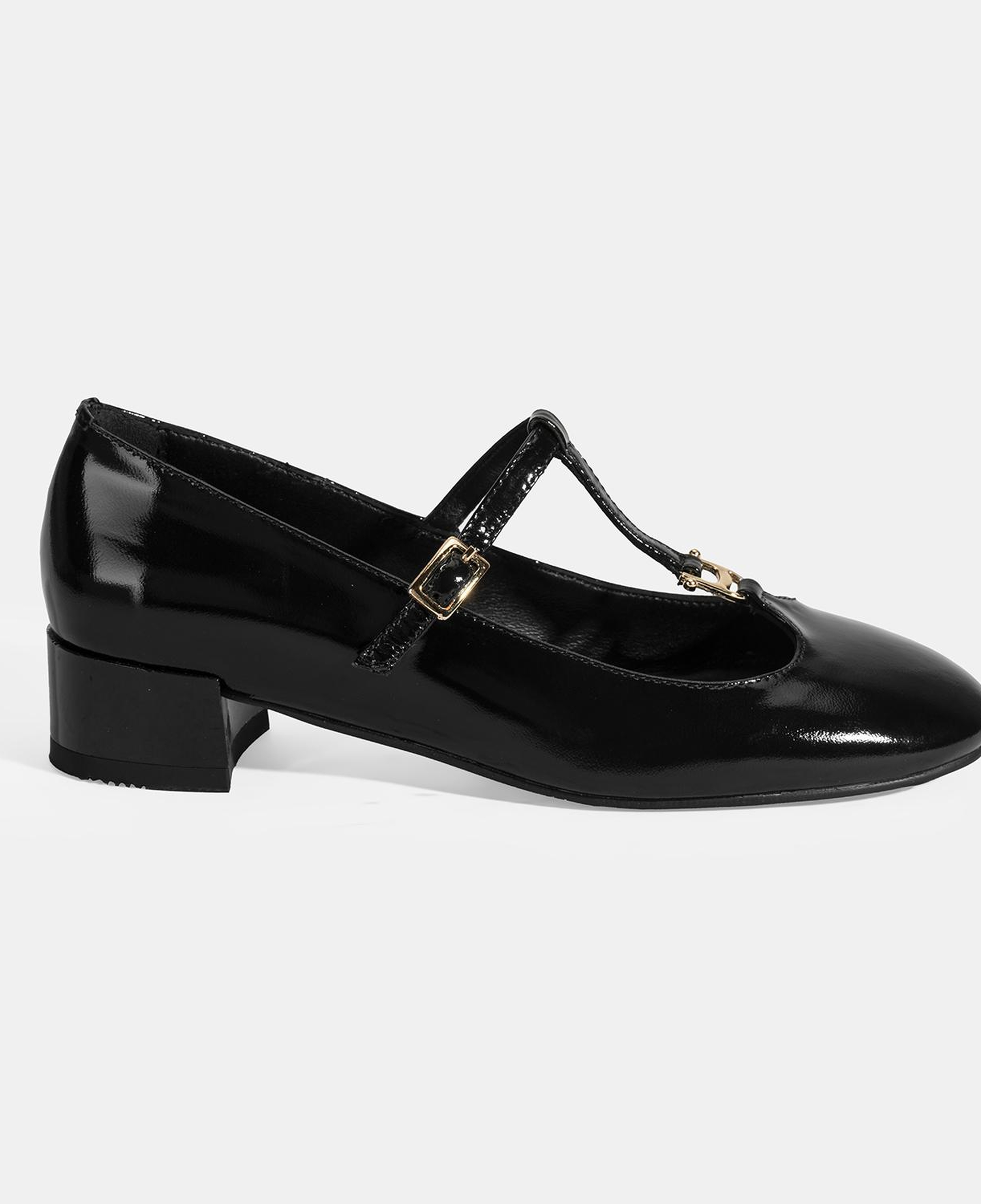 Kadın Siyah Toka Aksesuarlı T-Bant Rugan Topuklu Babet