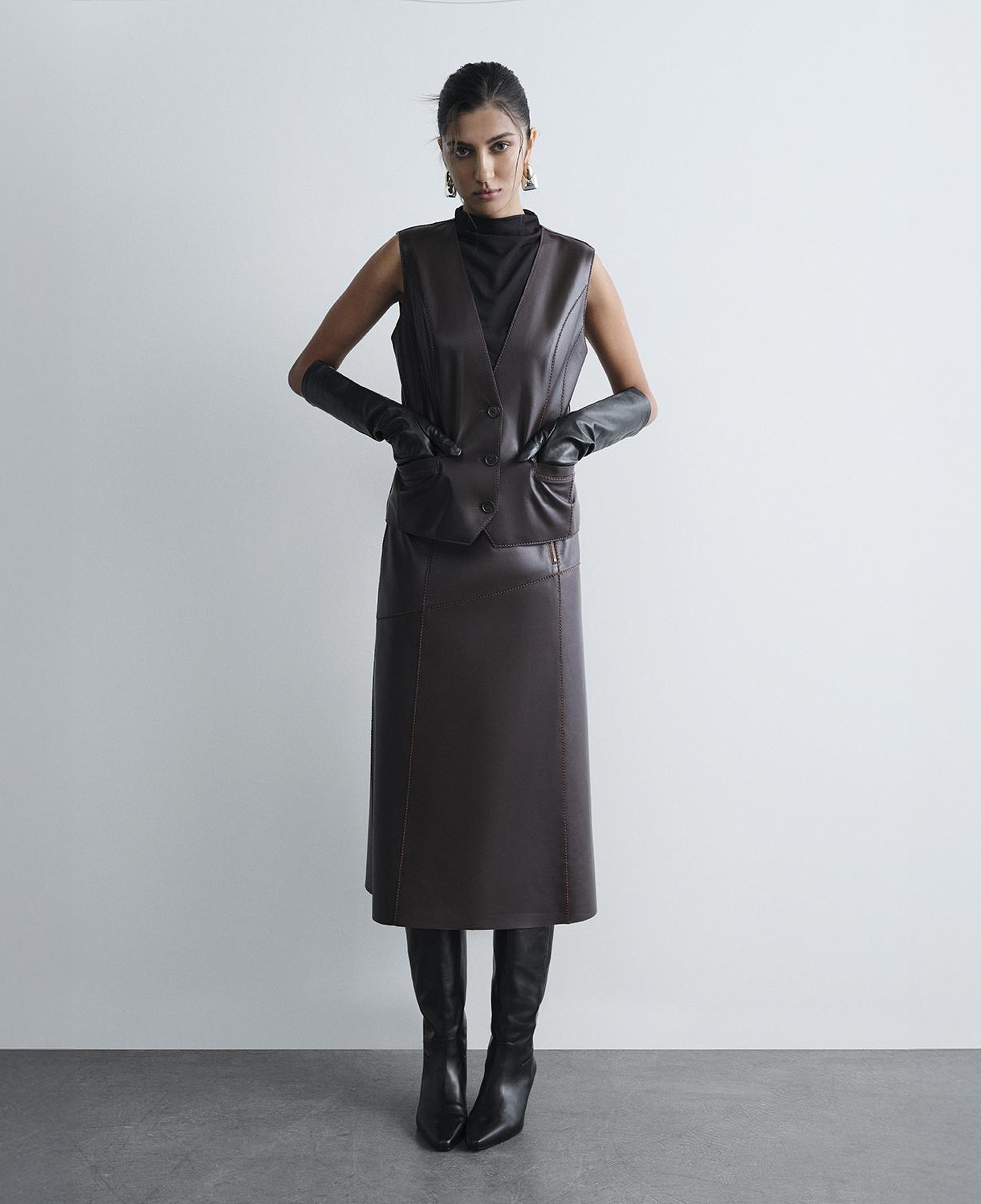 Kadın Koyu Kahve Deri Yelek