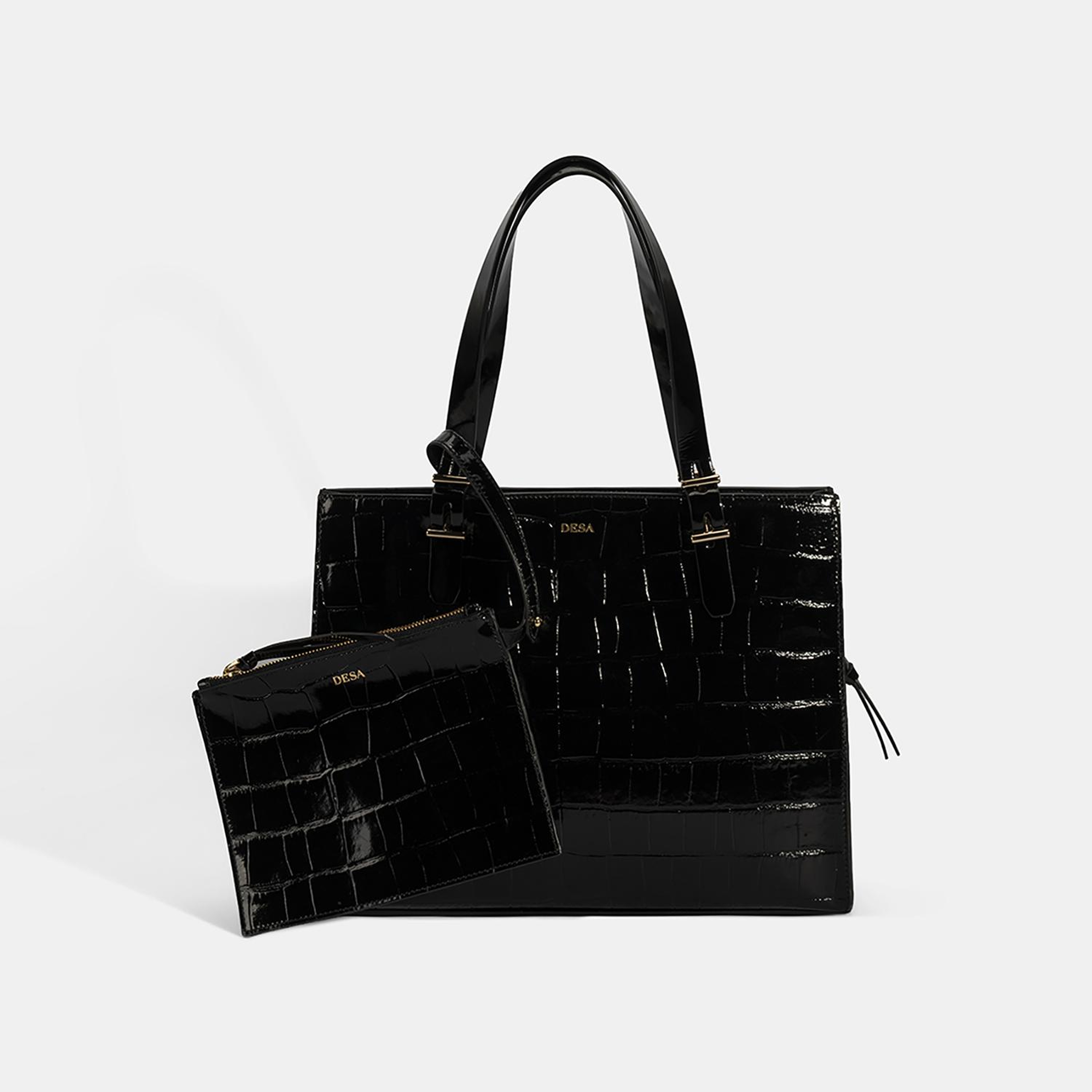 Kadın Siyah Kroko Baskılı Cüzdan Aksesuarlı Deri Omuz Çantası