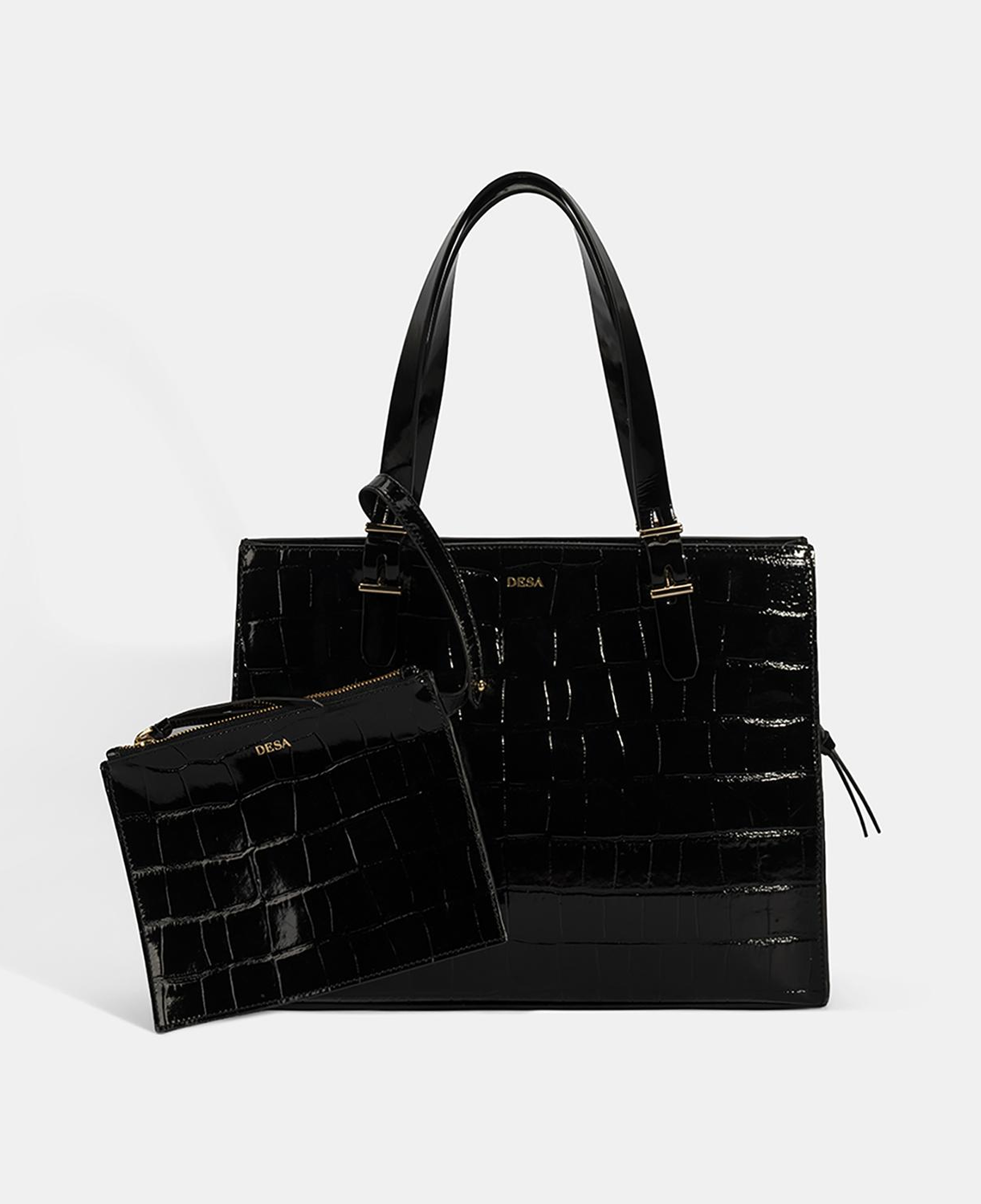 Kadın Siyah Kroko Baskılı Cüzdan Aksesuarlı Deri Omuz Çantası