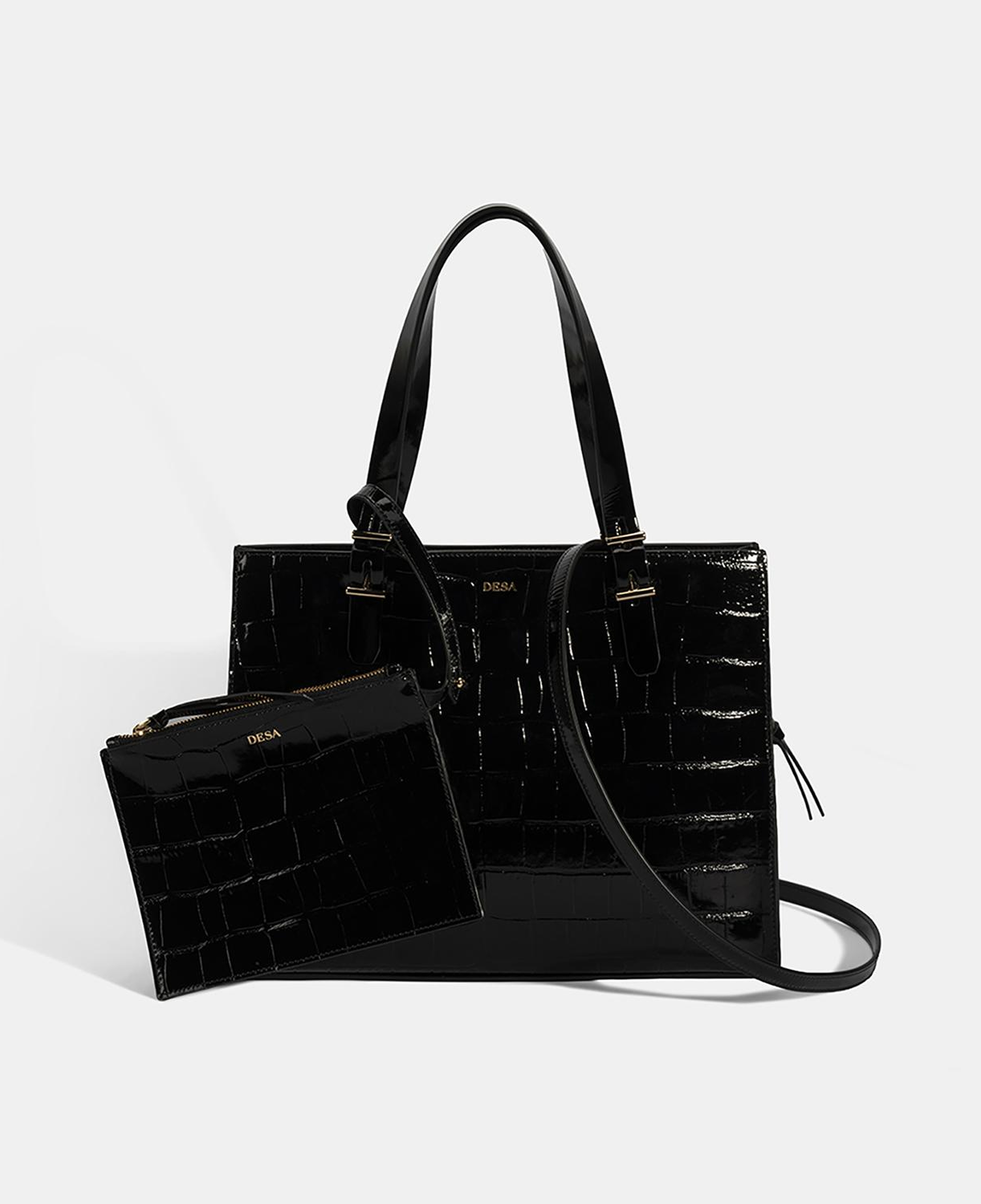 Kadın Siyah Kroko Baskılı Cüzdan Aksesuarlı Deri Omuz Çantası