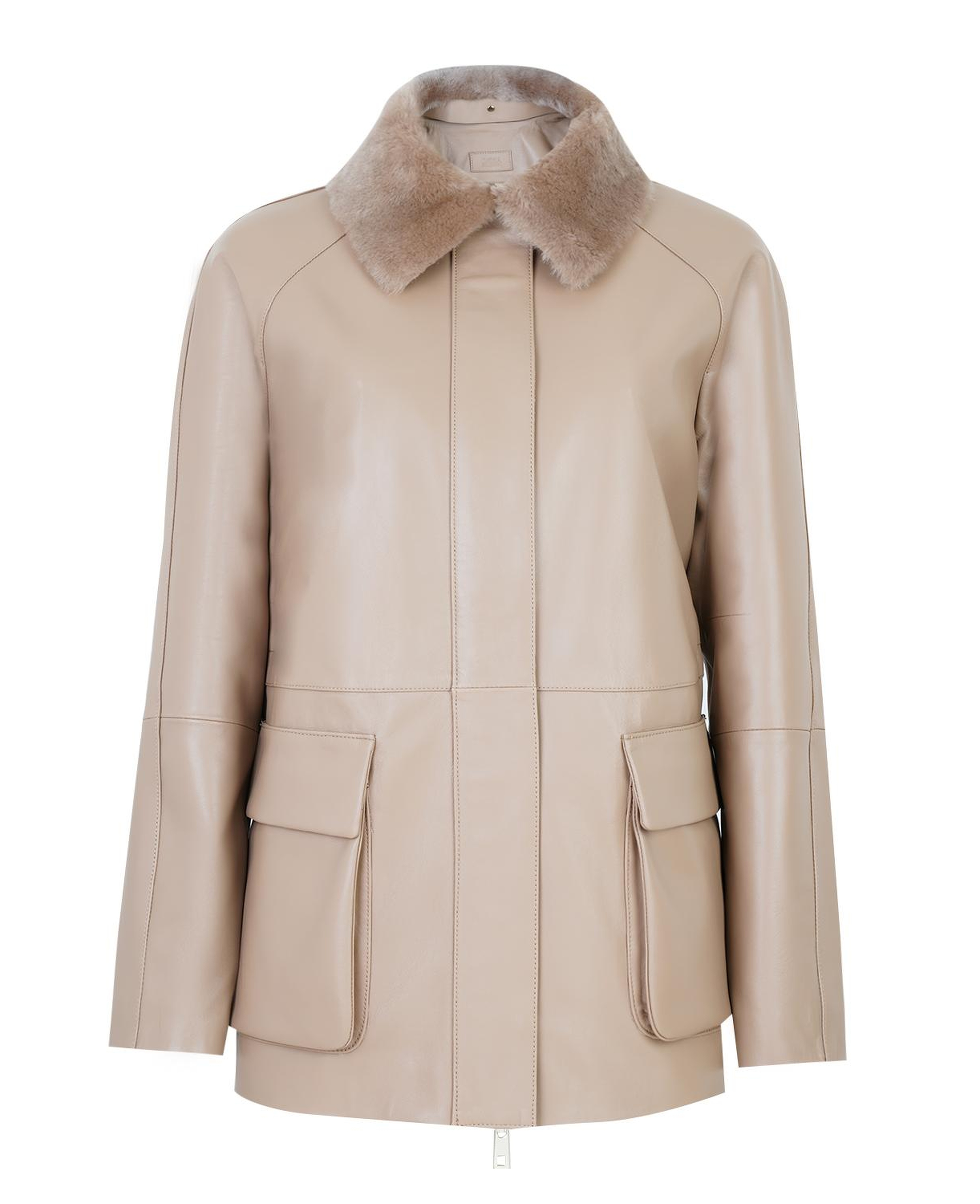 Caralynn Bej Kadın Kürk Yakalı Deri Mont