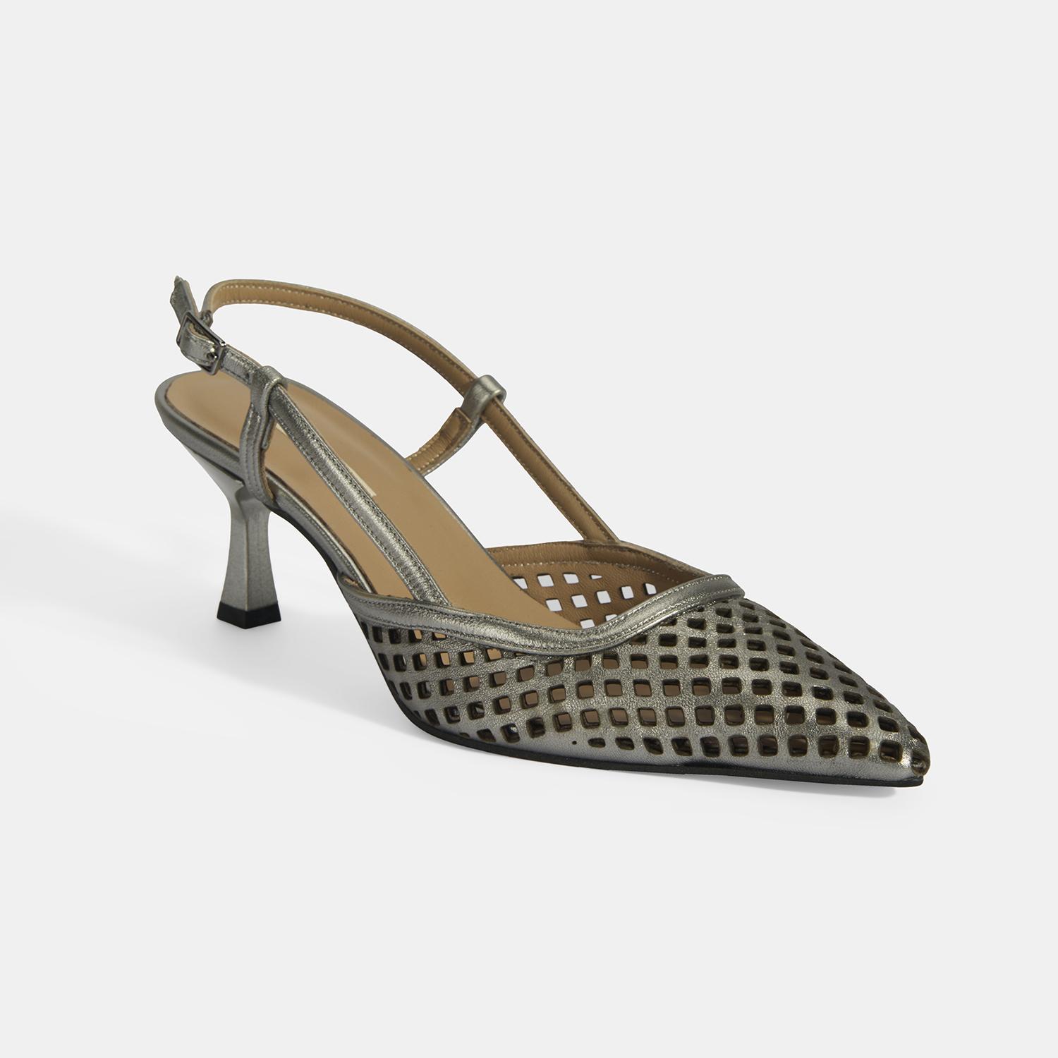 Kadın Perforeli Metalik Deri Slingback Ayakkabı
