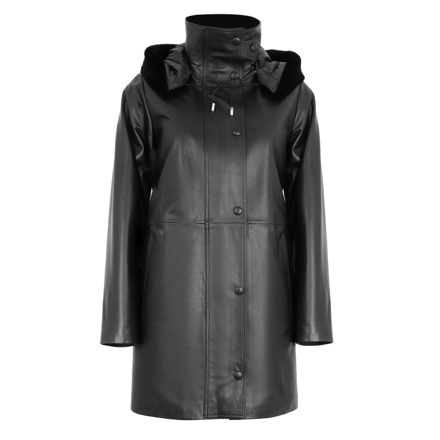 Biana Siyah Kadın Kapüşonlu Deri Kaban