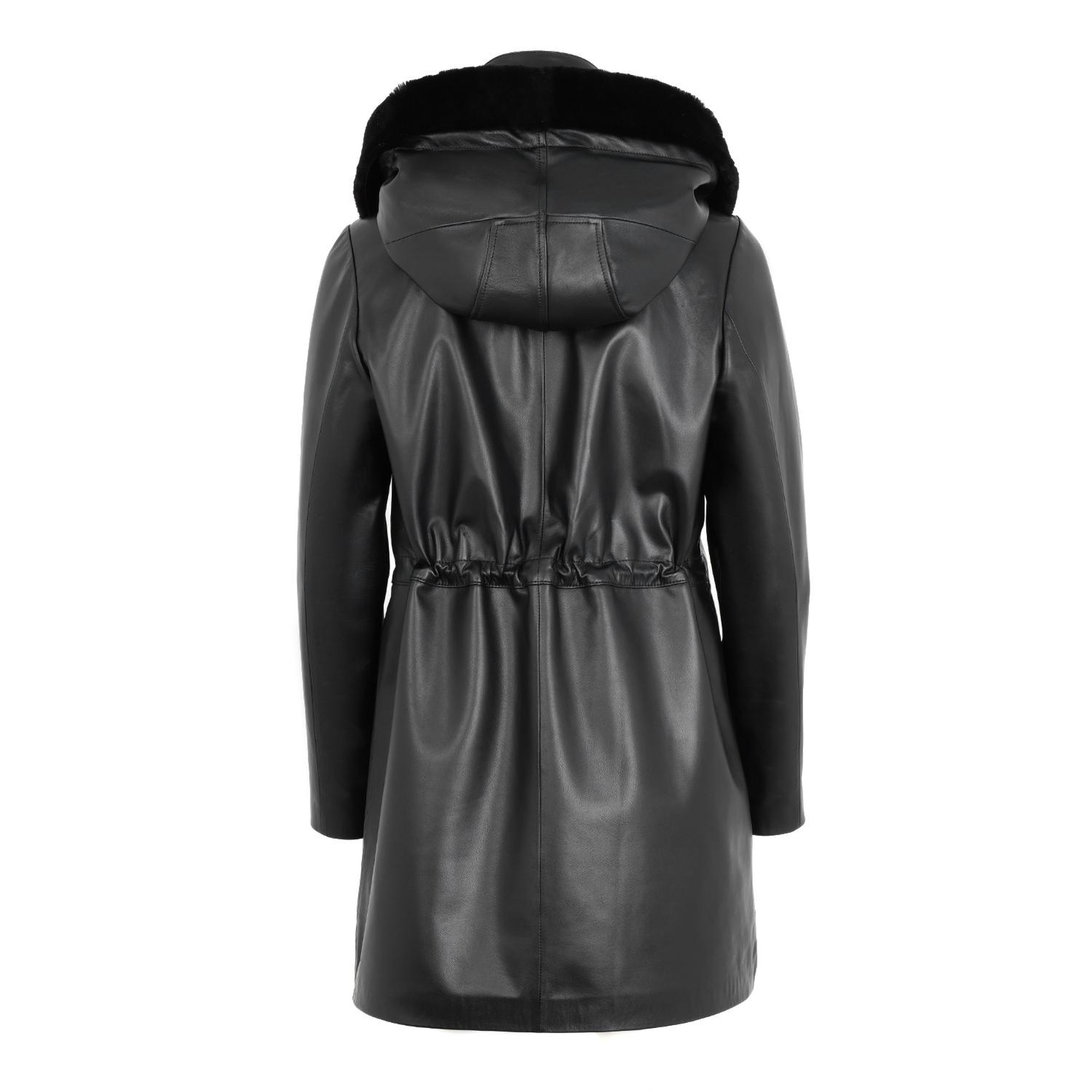 Biana Siyah Kadın Kapüşonlu Deri Kaban