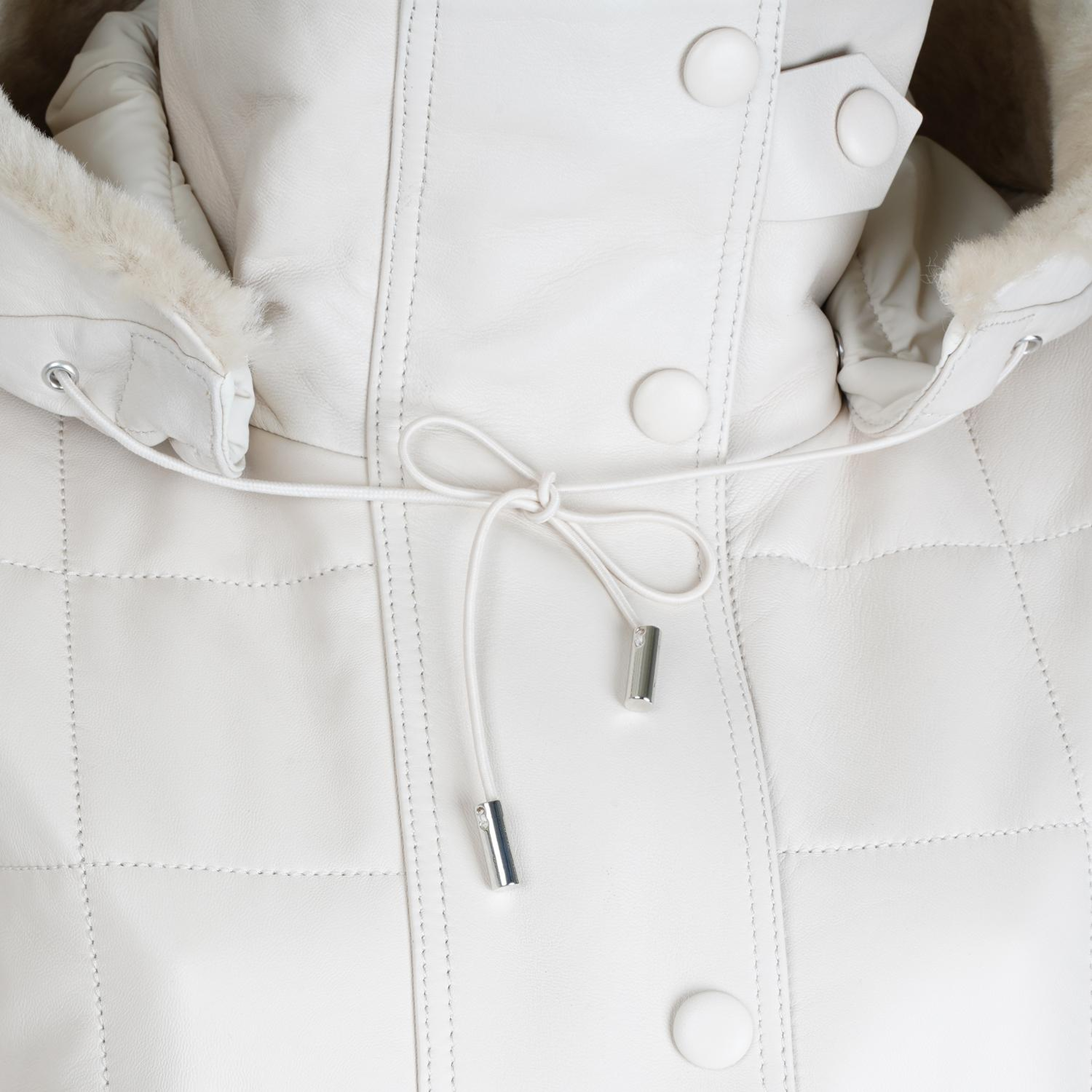 Mita Krem Kadın Kapüşonlu Deri Puffer Kaban