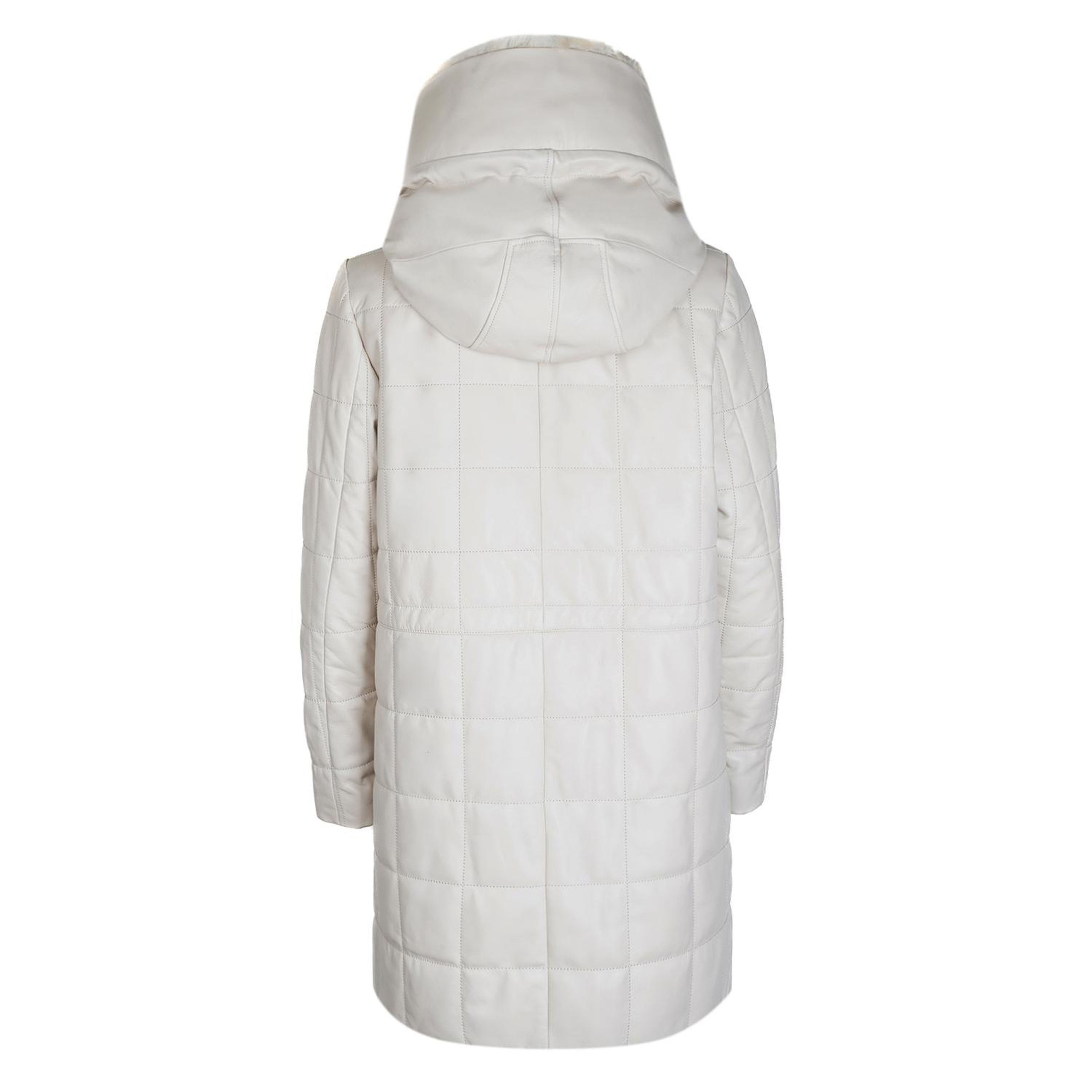 Mita Krem Kadın Kapüşonlu Deri Puffer Kaban