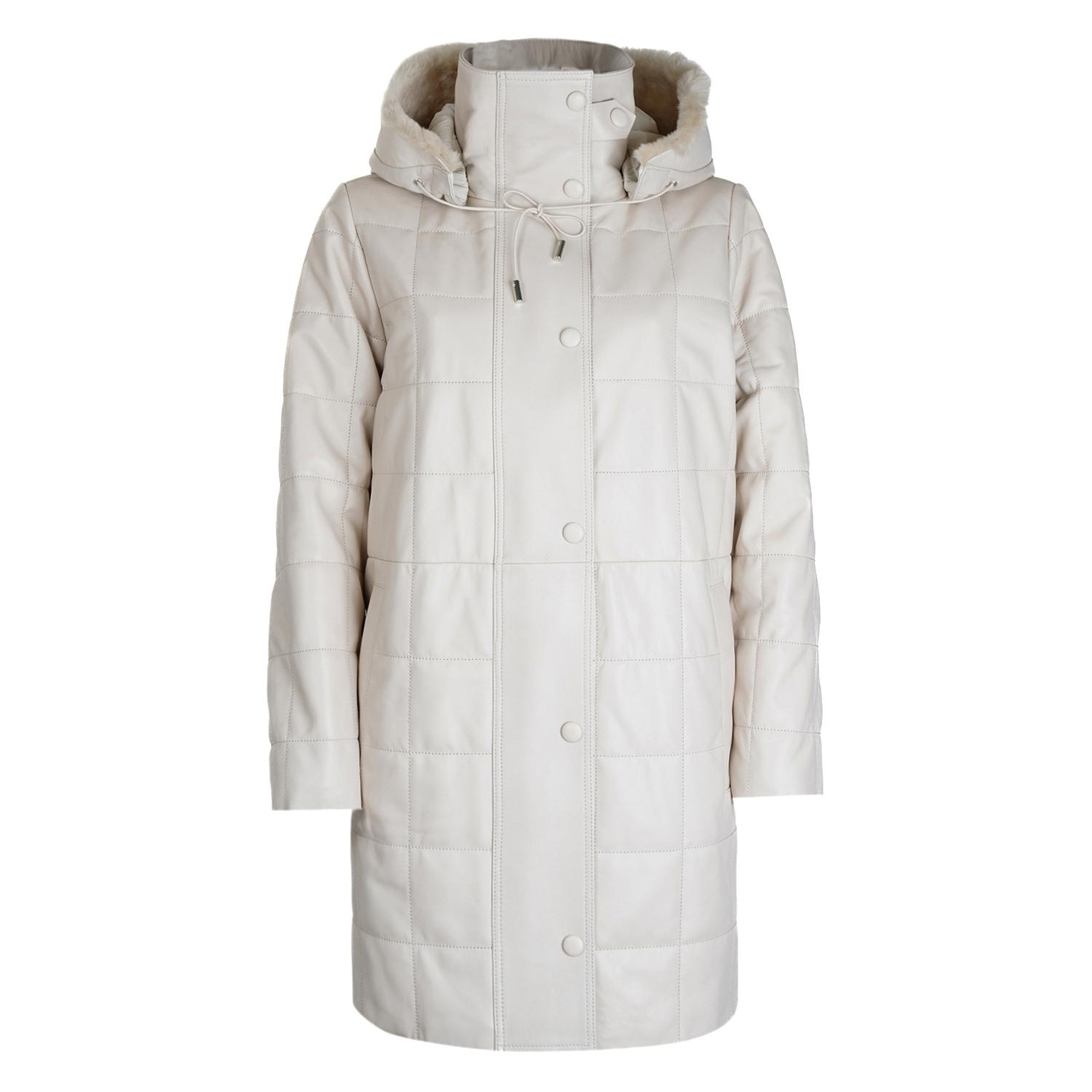 Mita Krem Kadın Kapüşonlu Deri Puffer Kaban