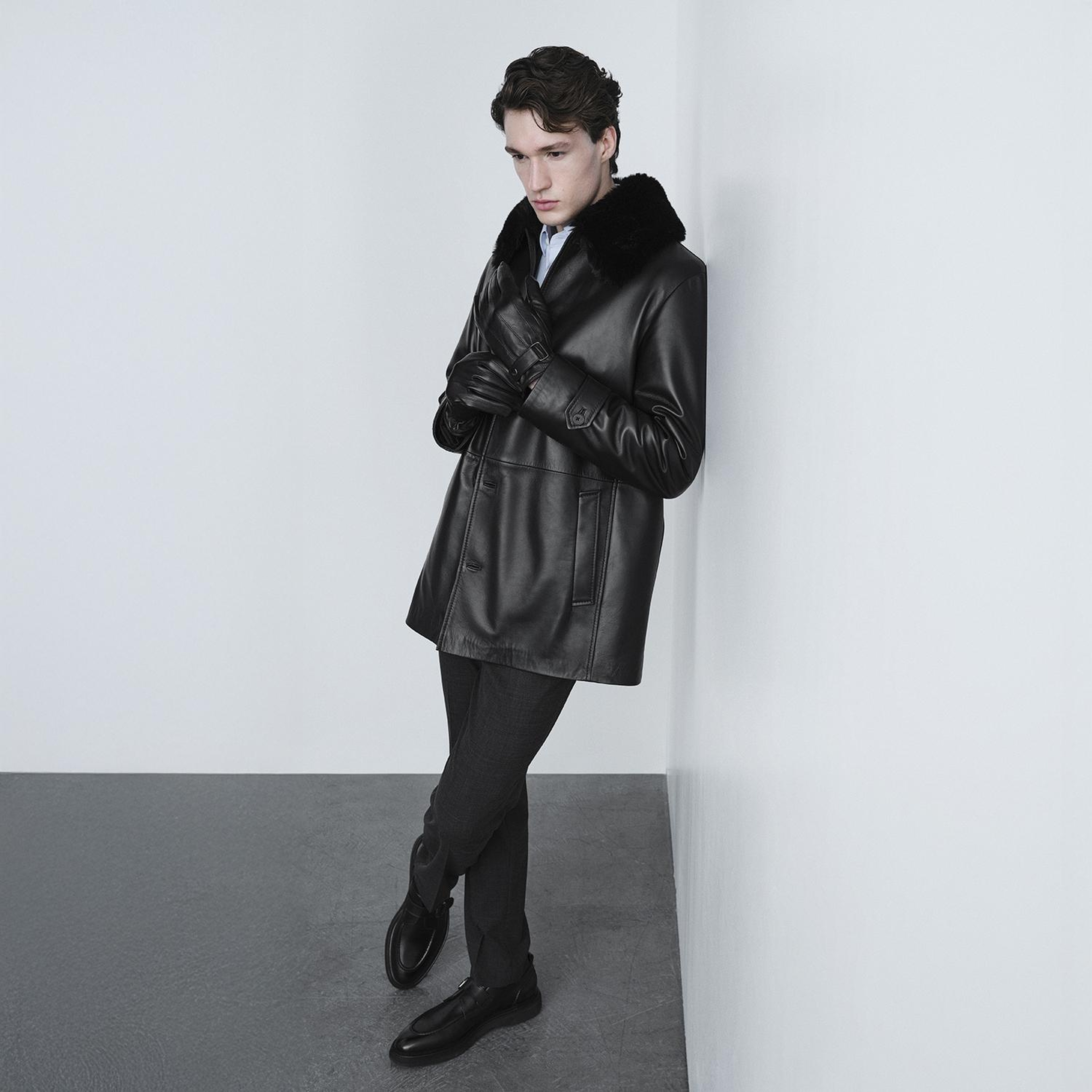 Erkek Siyah Gömlek Yakalı Deri Kaban