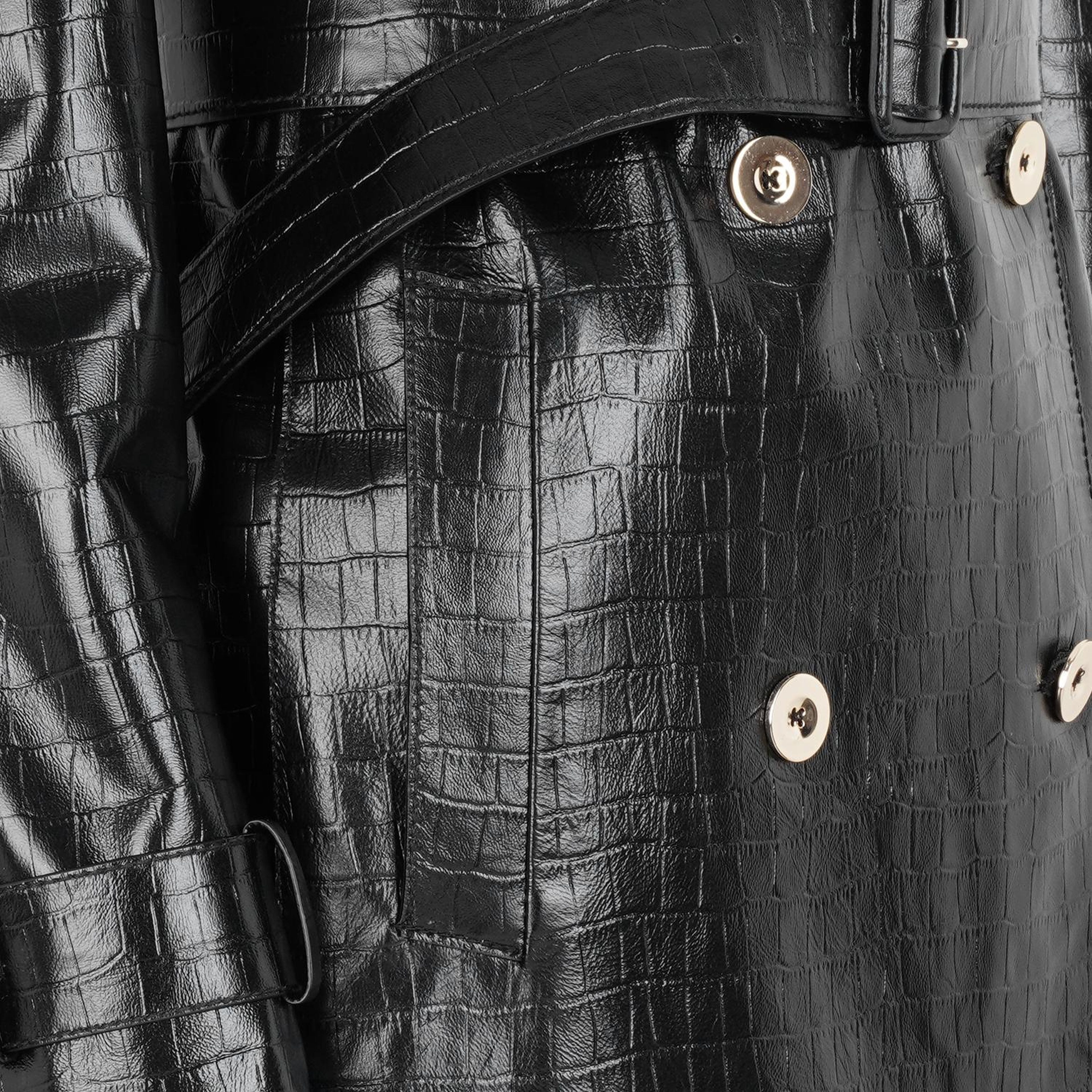 Kadın Siyah Kroko Baskılı Deri Trençkot