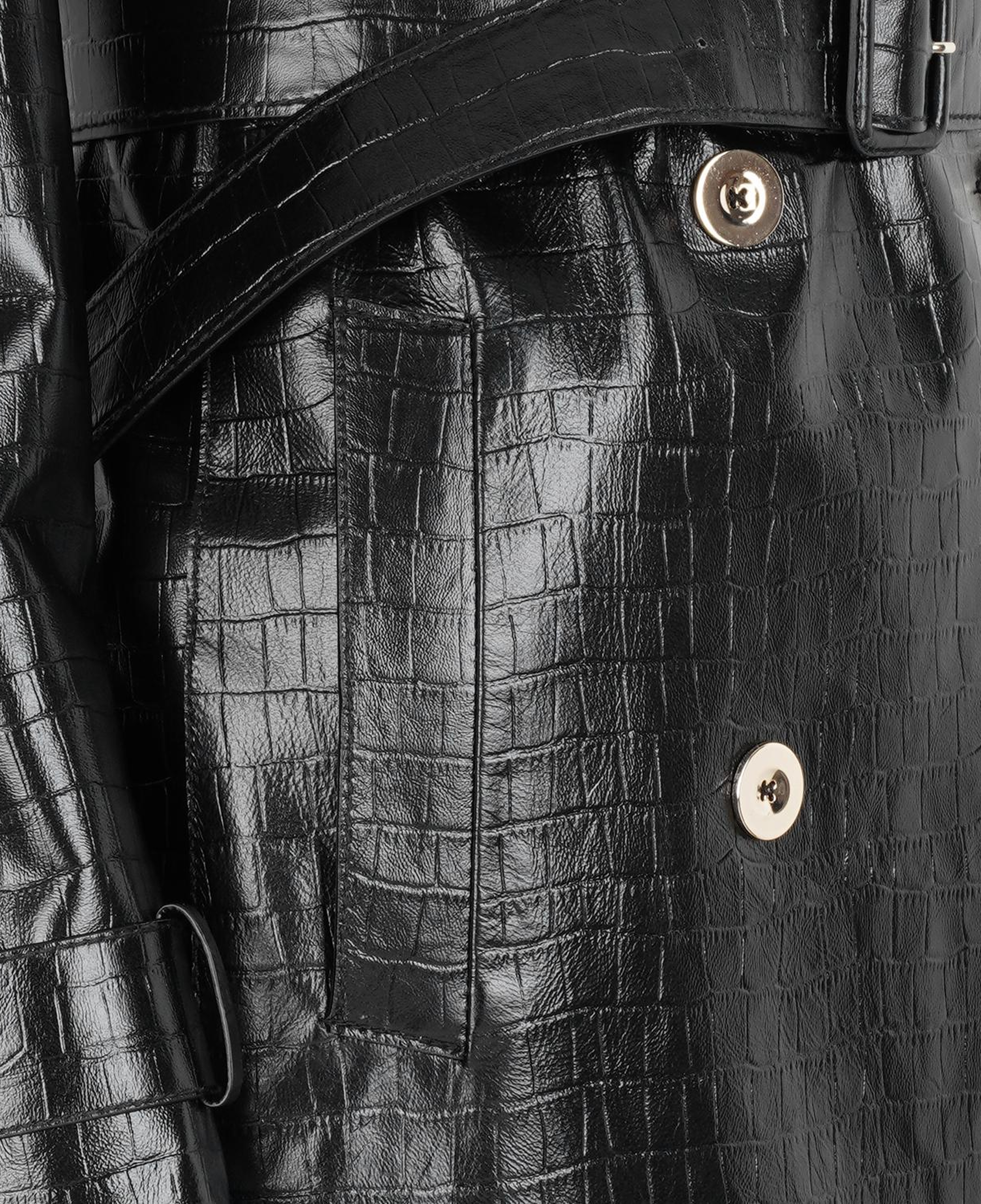 Kadın Siyah Kroko Baskılı Deri Trençkot